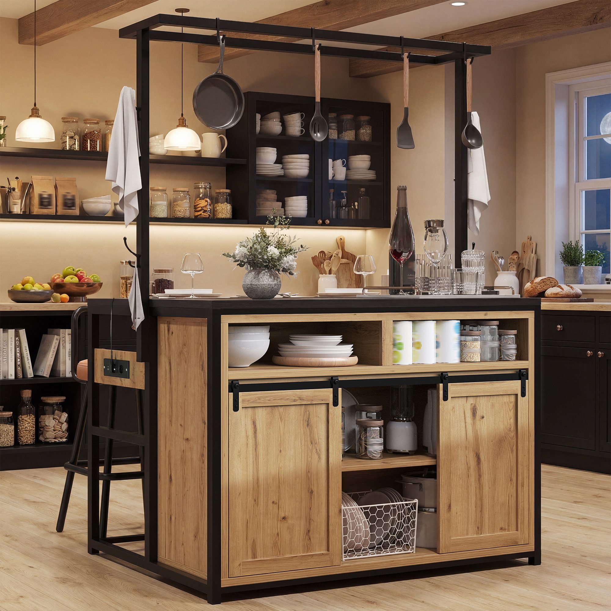 Flieks Kücheninsel 183cm hoher Küchenschrank mit Arbeitsplatte, Hängeregal & Steckdose, (107x62x183 cm), Highboard Küchenbuffet mit Schiebetüren und Haken Holzoptik Natur