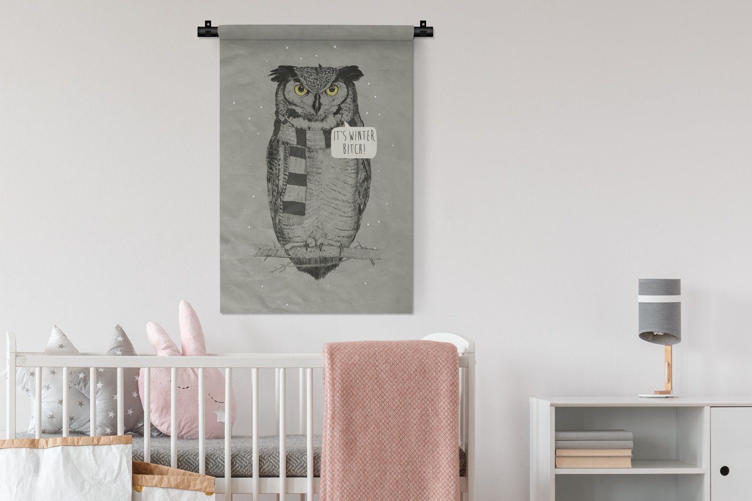 Kleid, - Schlafzimmer, - Kinderzimmer Wanddeko Eule Schal für Winter Wandbehang, Wohnzimmer, - MuchoWow Nacht, Wanddekoobjekt