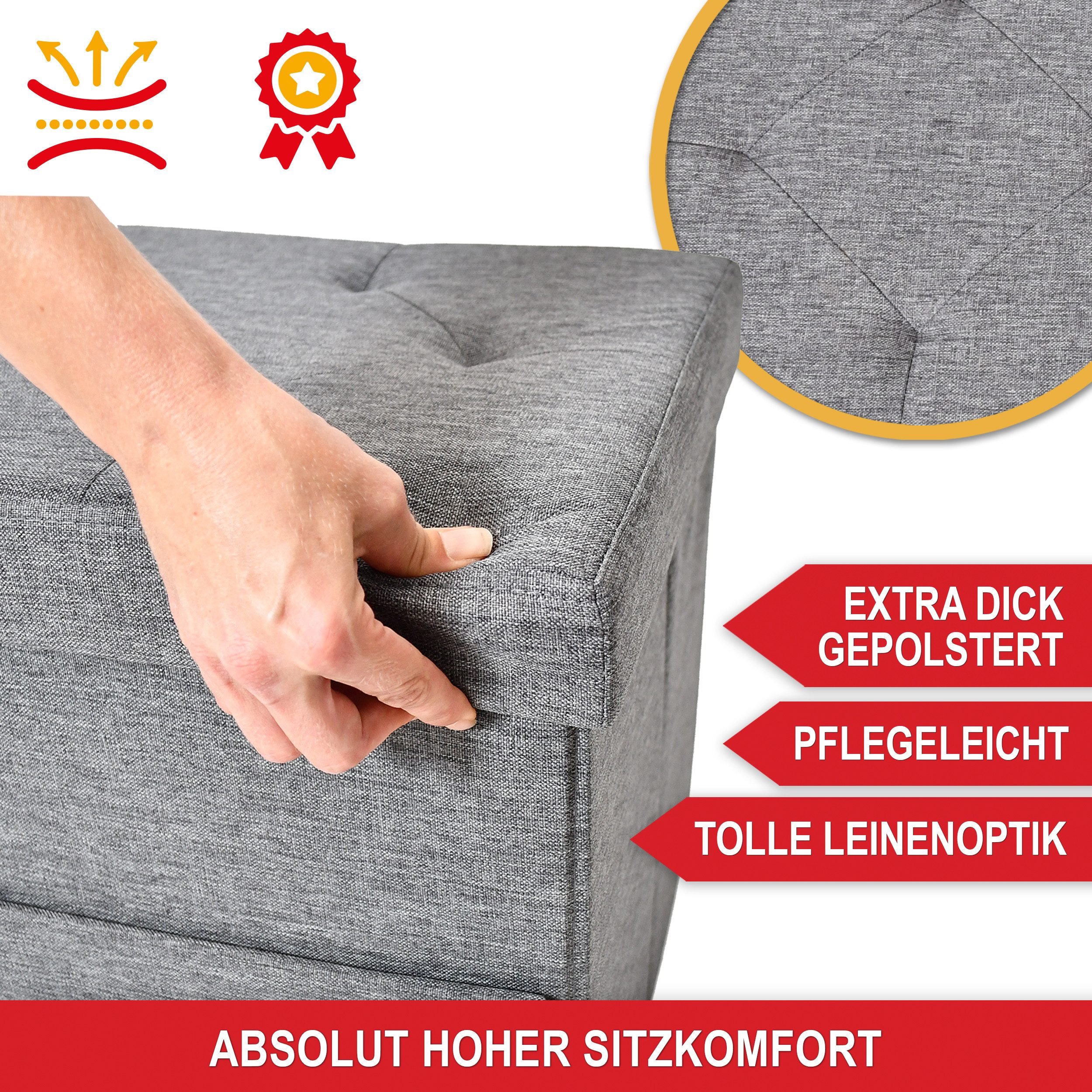 Onbest Sitzbank mit Stauraum gepolstert, 2 Schubladen, bis 110 kg, klappbarer Deckel, Leinenoptik