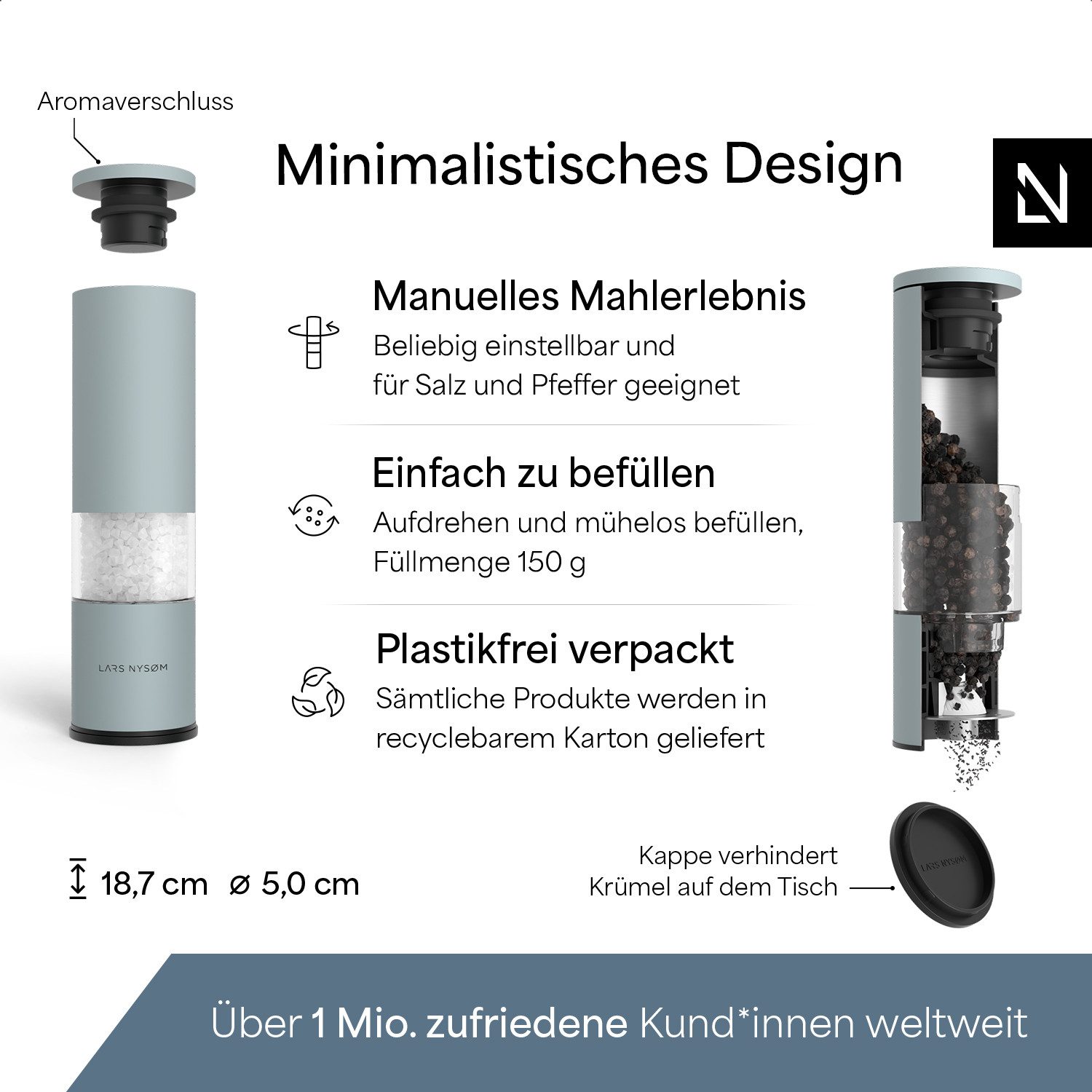 LARS NYSØM Gewürzmühle Lagom manuelle Bedienung, (2 Stück), Edelstahl Gewürzmühlenset mit Keramikmahlwerk (Stufenlos) – Bild 4 von 5