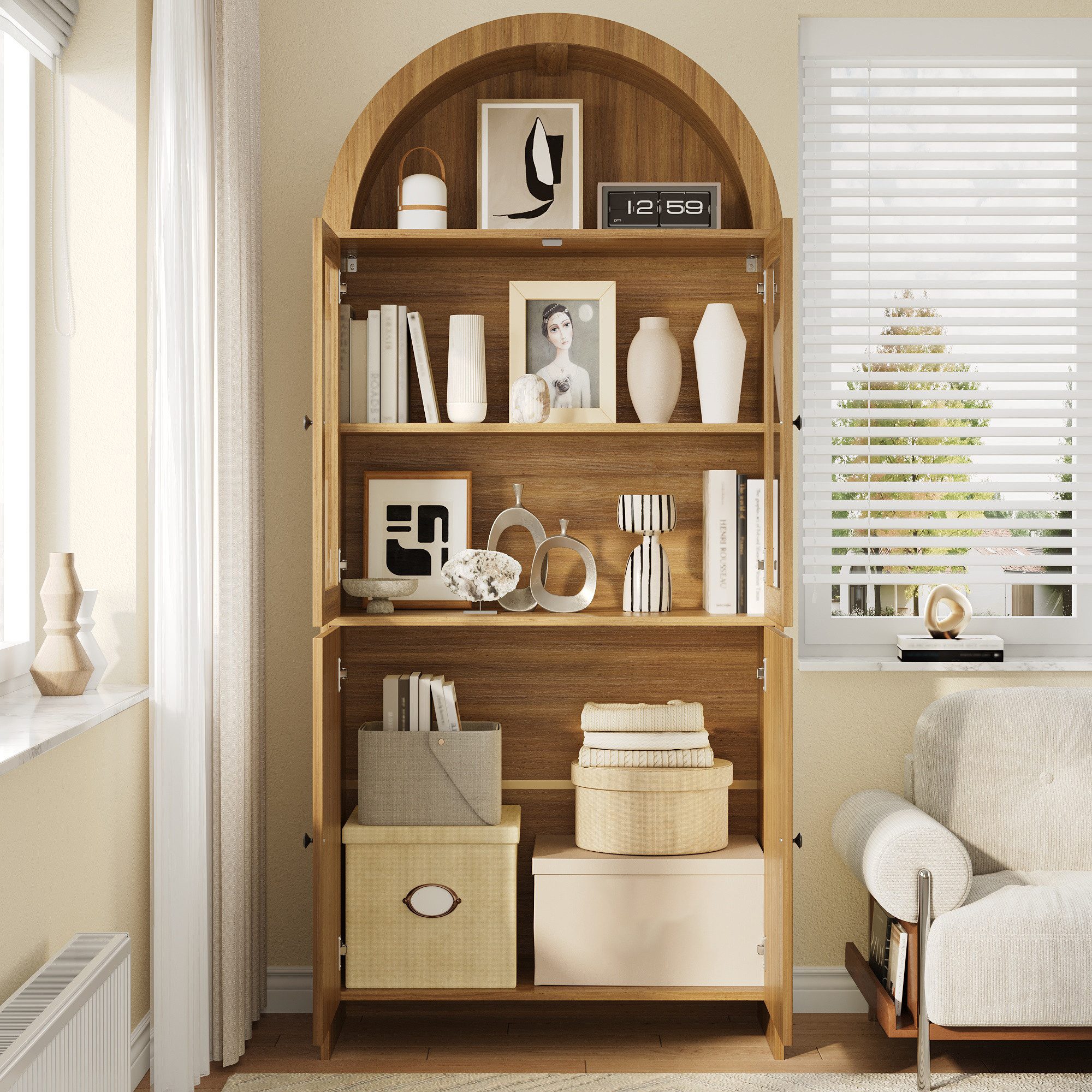 MODFU Vitrine 78x176x40 cm mit Glastüren und Bogendecke (Packung, 1-St., Stilvolles Sideboard für das Wohnzimmer) Geschlossener Schrank mit Wellenmuster