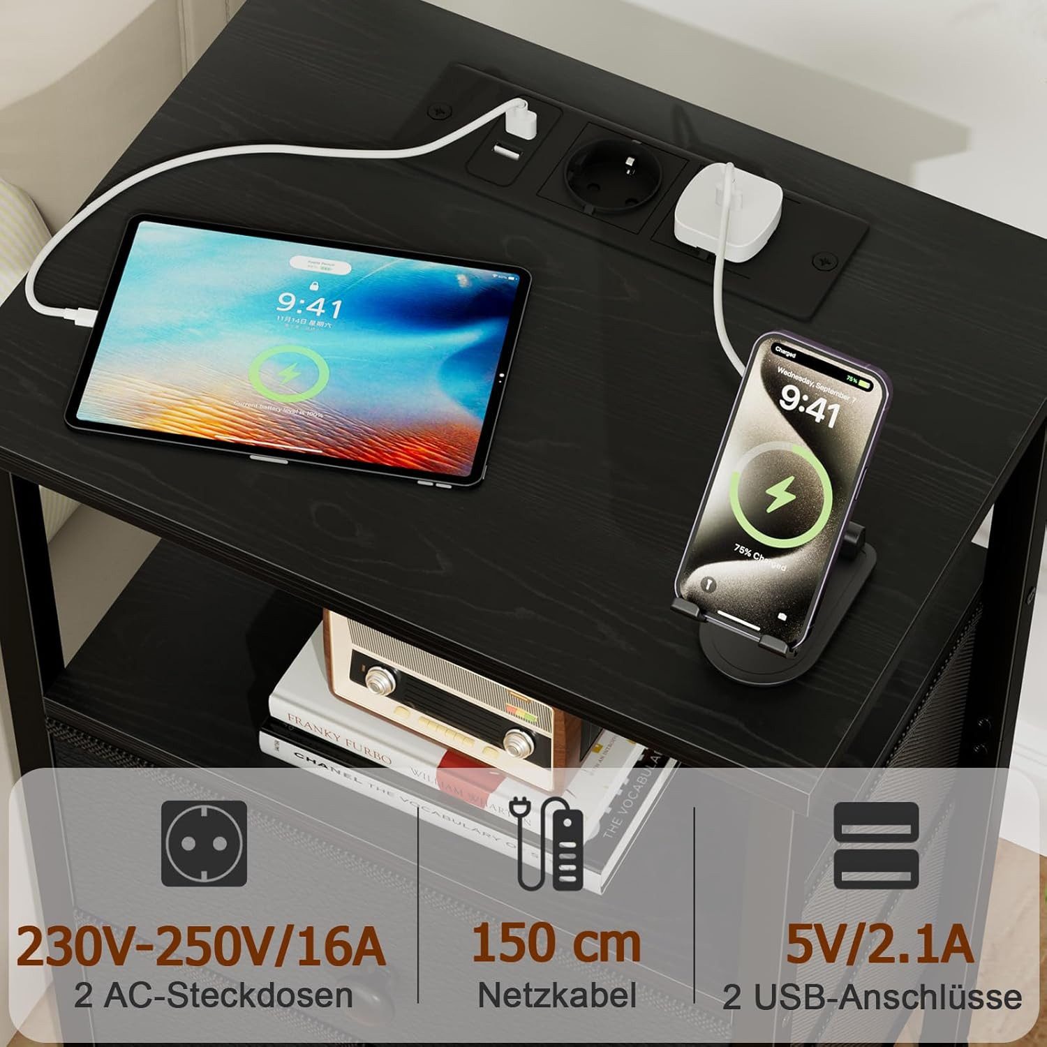Toomoke Nachttisch Nachttisch,USB-Anschlüssen&Steckdosen,60x40x28cm,Beistel günstig online kaufen