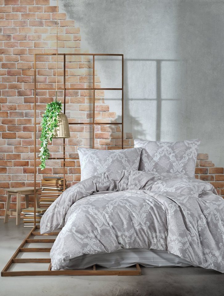 Garnitur mit Reißverschluss Bettwäsche 155x220 cm grau weiß Streifen Set 4 tlg