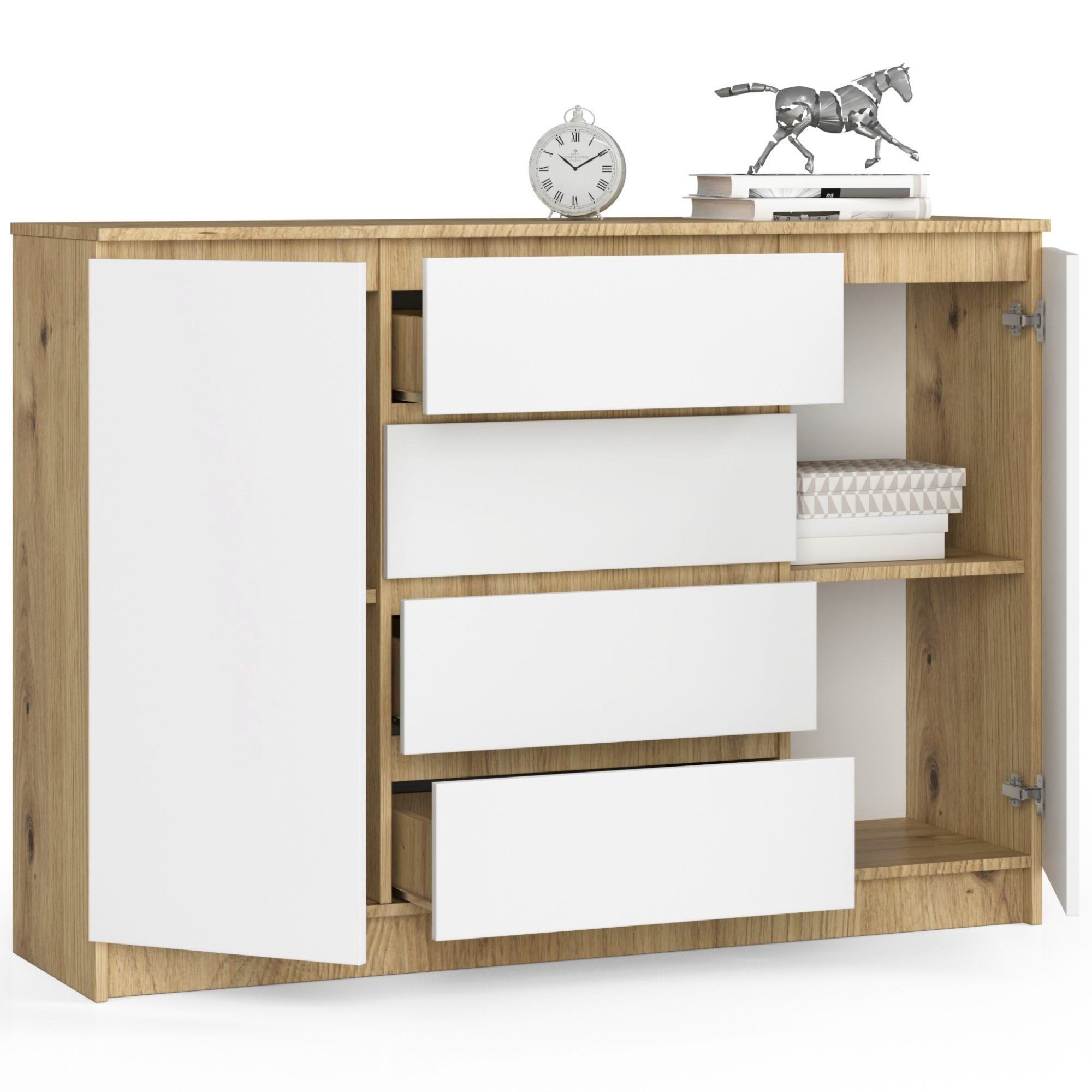 Kommode mit 4 Schubladen, zwei Schranktüren, 138 cm breit Holz Schrank