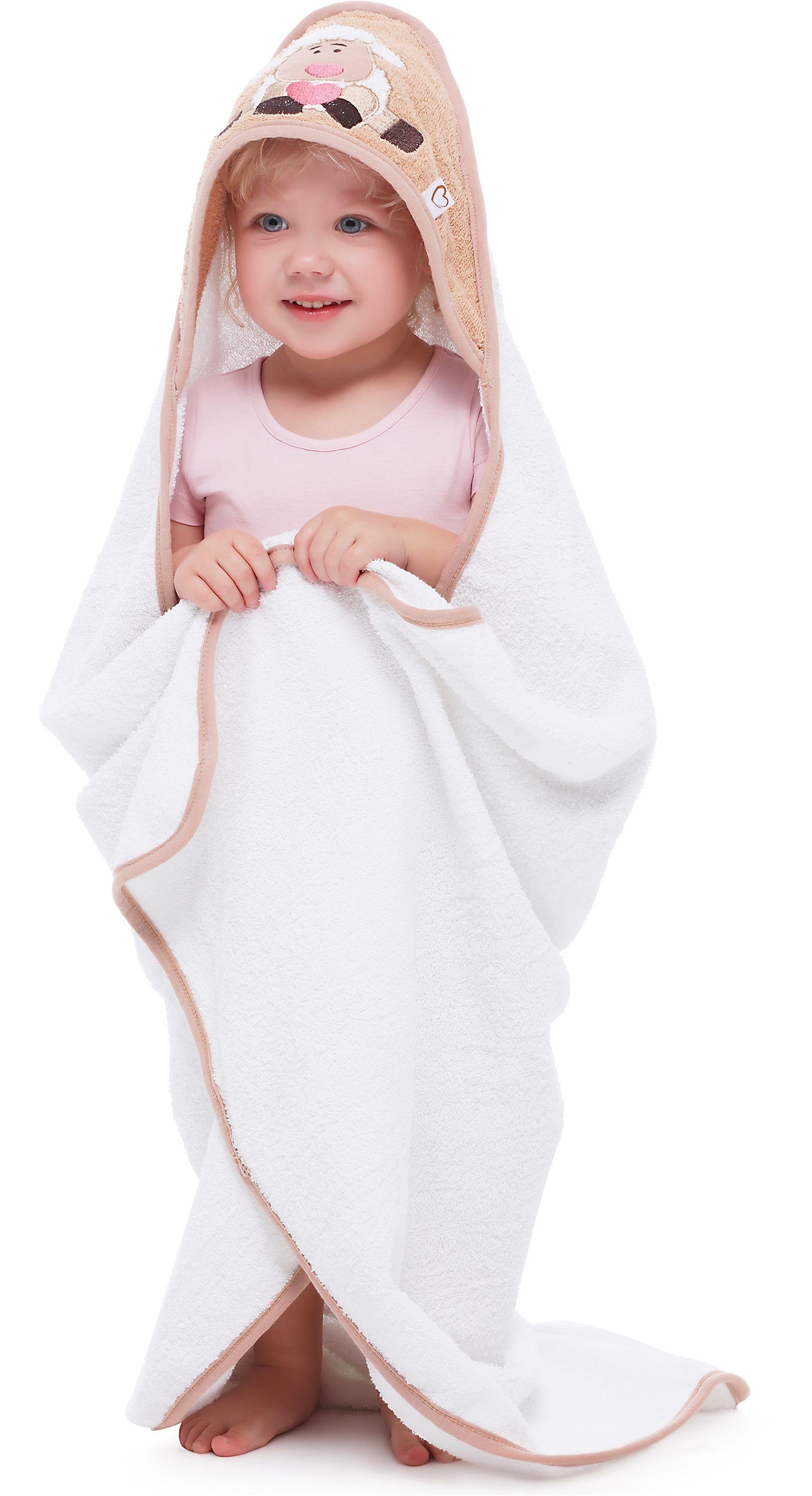 Be Mammy x aus 100cm BE20-240-BBL, (1-St) Kapuzenhandtuch Baumwolle Frottee Schaf Weiß - Handtücher 100cm Babyhandtuch