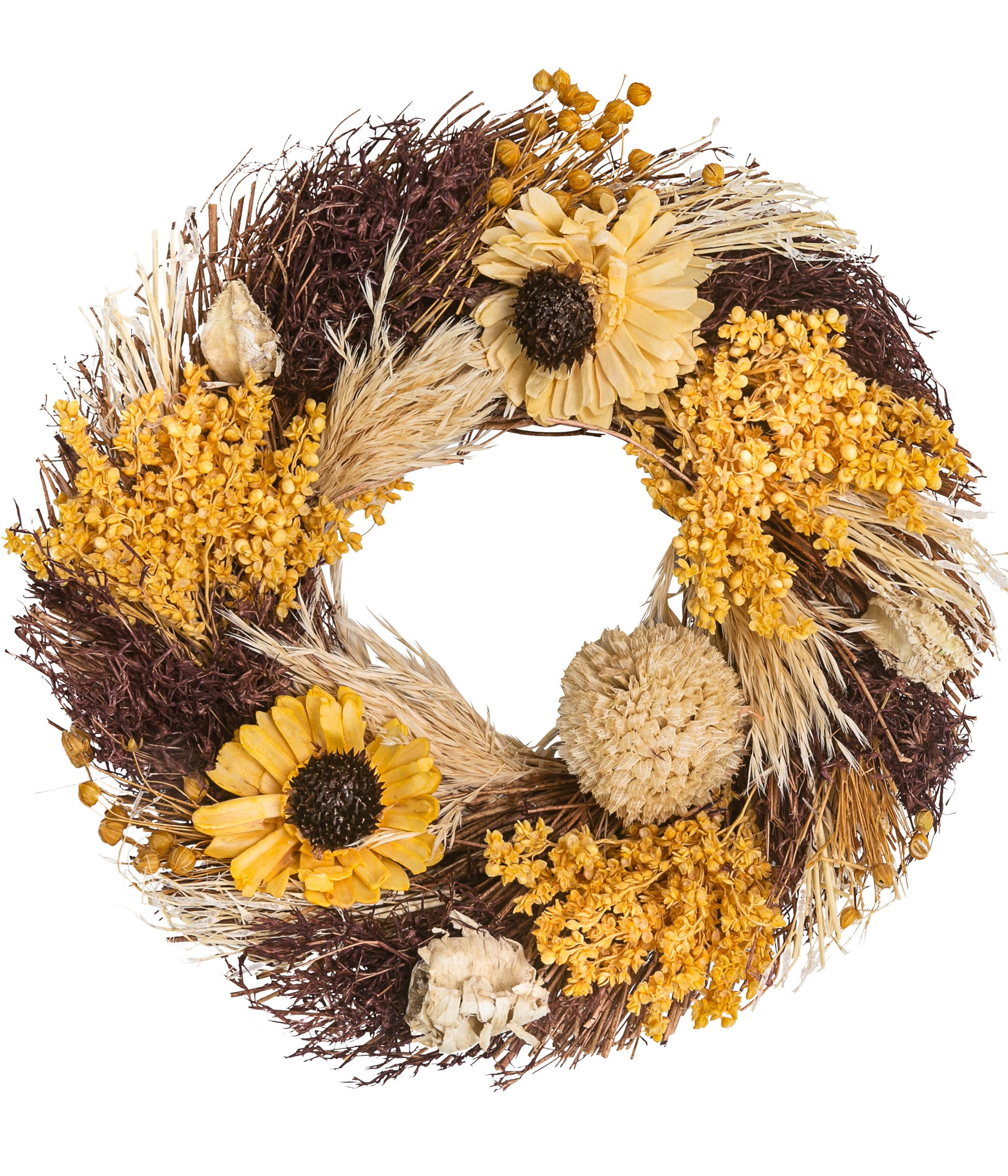 Dehner Dekokranz Deko-Kranz Sunflower, Ø 25 cm, Höhe 9 cm, Naturmaterial / Kunststoff, handgefertigter Naturkranz, einseitig gebunden