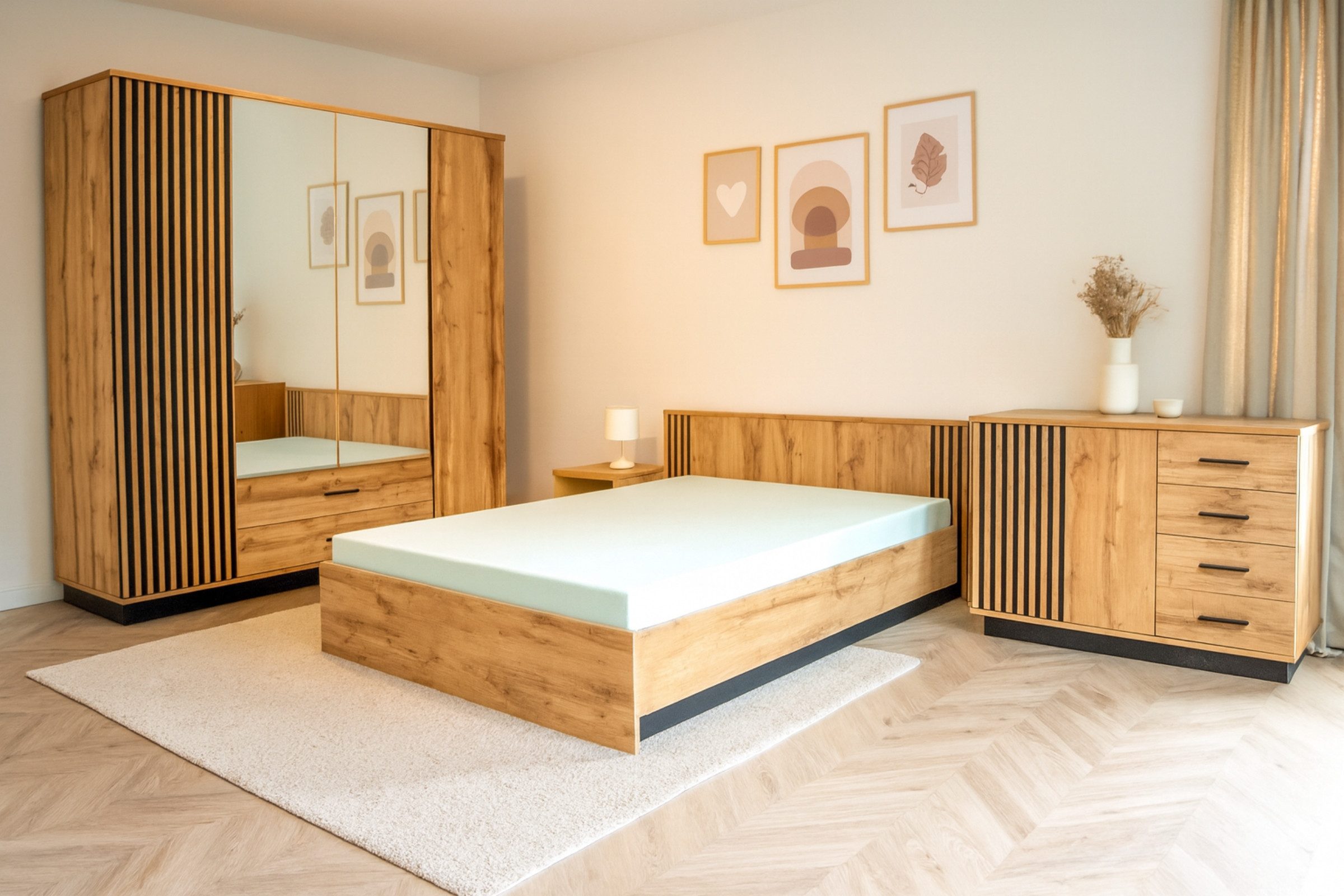 Deine Möbel 24 Komplettschlafzimmer LAMI D Schlafzimmer Möbelset in Wotan Eiche / Schwarz / Lamellen, (Modernes Design, Scandi, Industrial, Loft, 5-tlg., Viel Stauraum durch Schubladen, Bettkästen & großzügige Ablageflächen), Bett 160x200 mit Bettkasten, Kleiderschrank, Kommode & 2 Nachttische