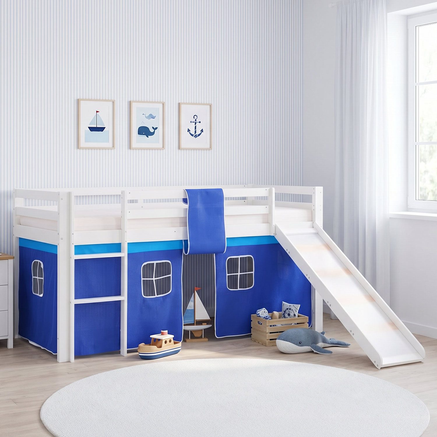 Homestyle4u Hochbett Kinder mit / ohne Rutsche 90x200 Holz Jungen Weiß Blau Zubehör Vorhang (Set, mit Lattenrost und Rutsche, Spielbett) mit Rausfallschutz, Blau, Junge