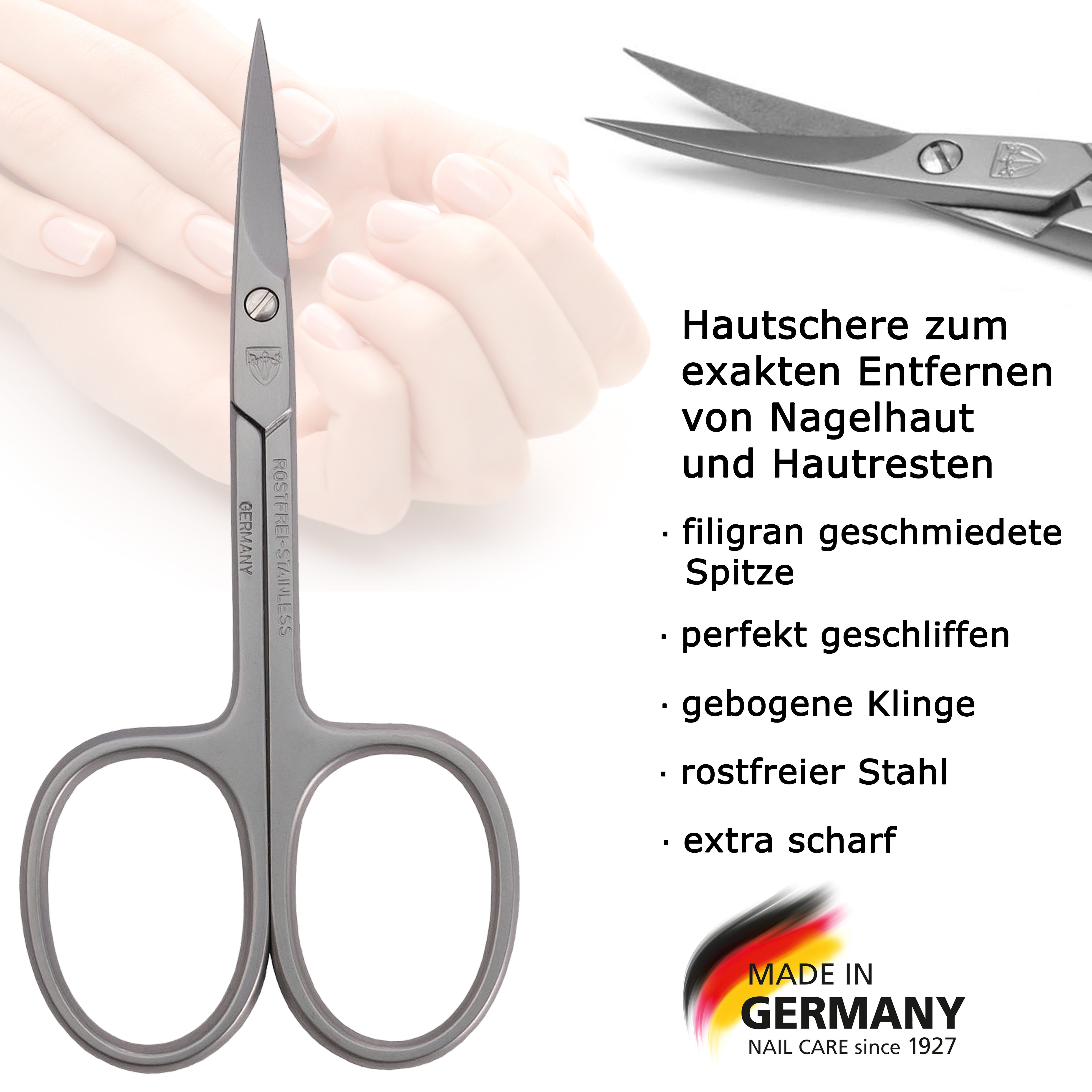 3 SCHWERTER Hautschere Rostfreie Maniküreschere mit Kunstlederetui, Exakte Nagelhautentfernung, 0,4cm Spitze, Made in Germany