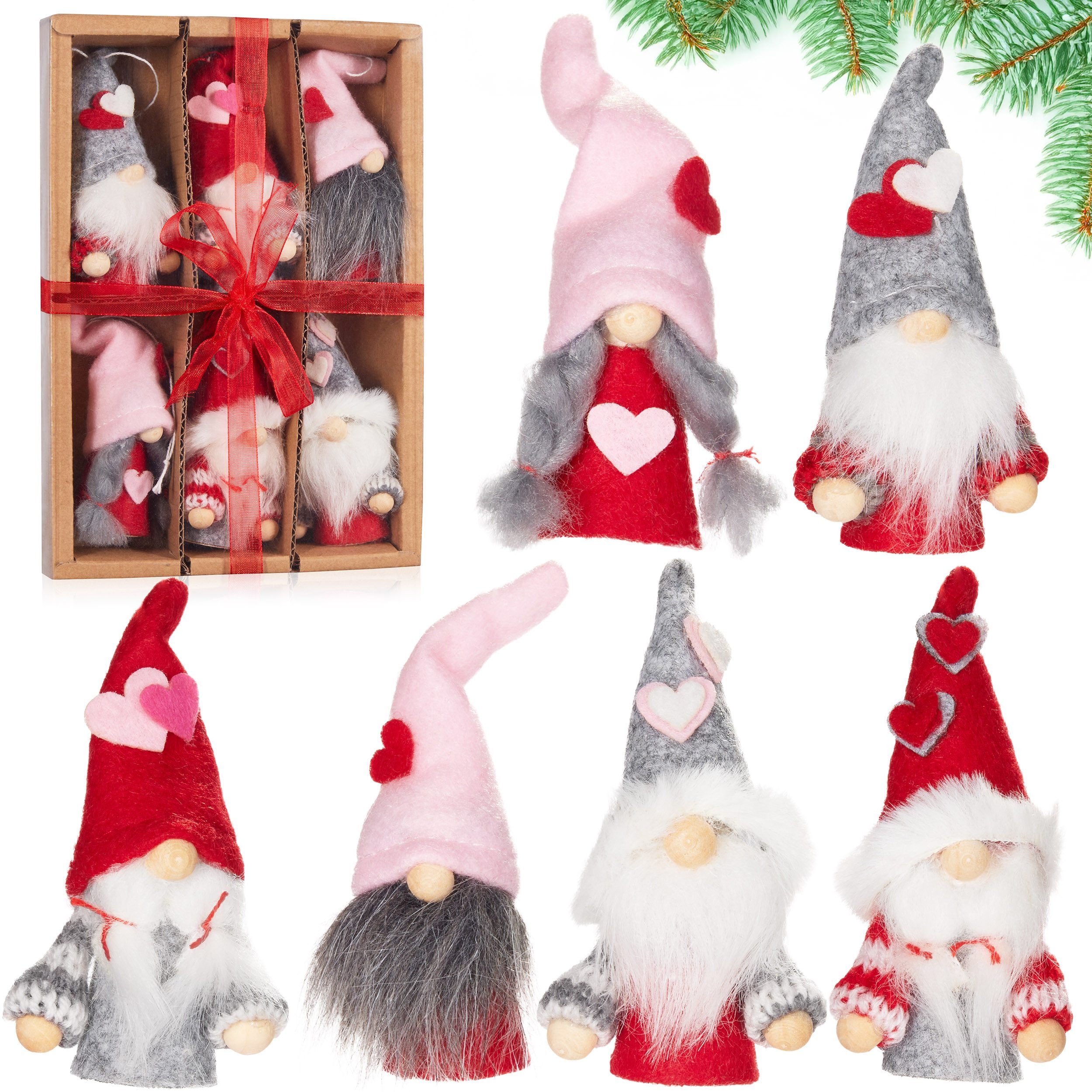 BRUBAKER Christbaumschmuck Dekoanhänger Herz Zwerge aus Holz und Strick (6-tlg), Baumanhänger Weihnachten Wichtel - Anhänger Valentinstag Rosa Rot Deko