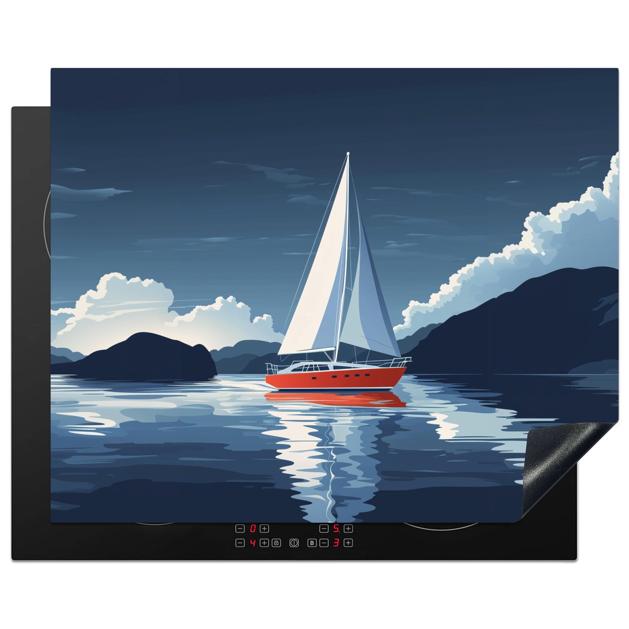 MuchoWow Herd-Abdeckplatte Segelboot - Dunkle Berge - Stille, Vinyl, (1 tlg), Накладки на плиту für Ceranfeld, Induktionsschutz, 65x55 cm