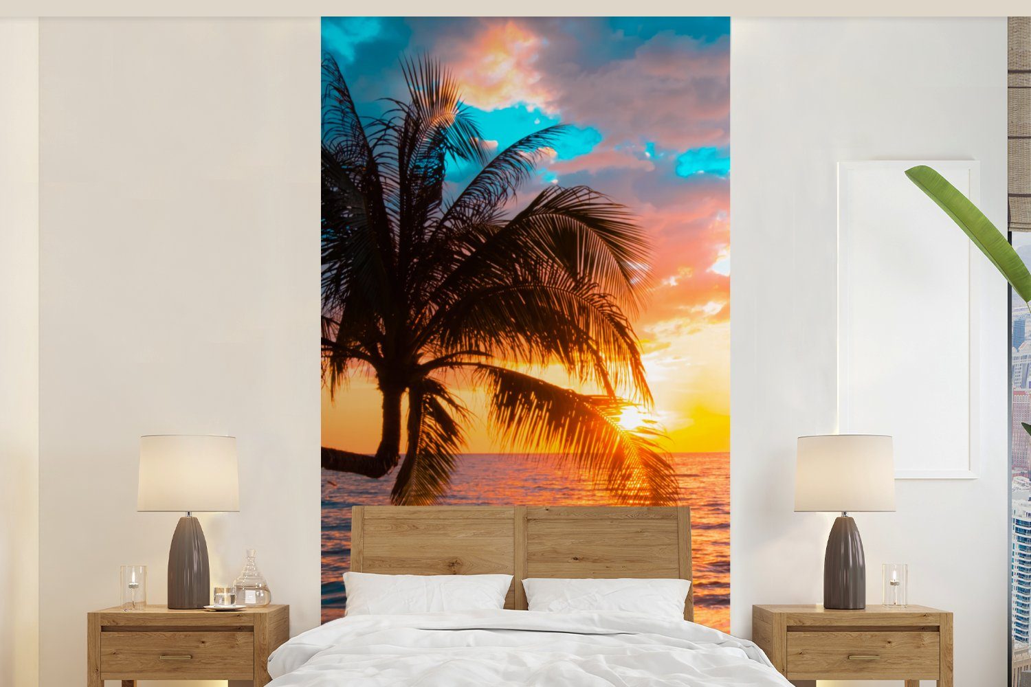 MuchoWow Fototapete Palme - Sonnenuntergang - Horizont - Strand - Meer - Tropisch, Matt, bedruckt, (2 St), Vliestapete für Wohnzimmer Schlafzimmer Küche, Fototapete