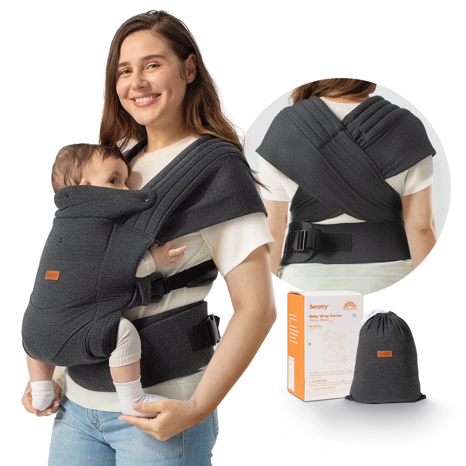 besrey Babytrage babytrage Wrap Bauchtrage für Babys & Kleinkinder bis zu 11kg, Winter Komfort Träger