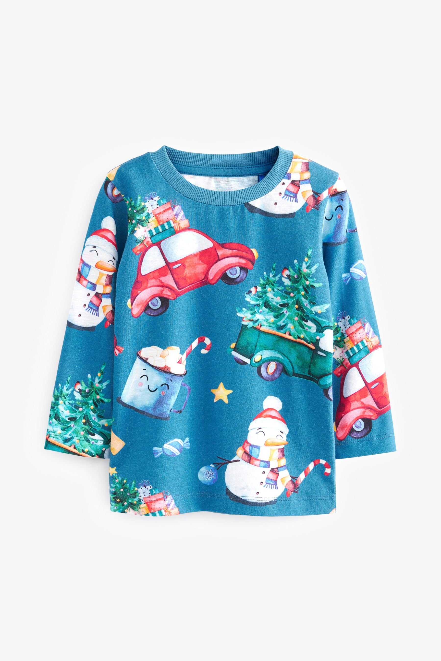 Next Langarmshirt Langärmeliges Weihnachtsshirt (1-tlg) Blue All-Over Print