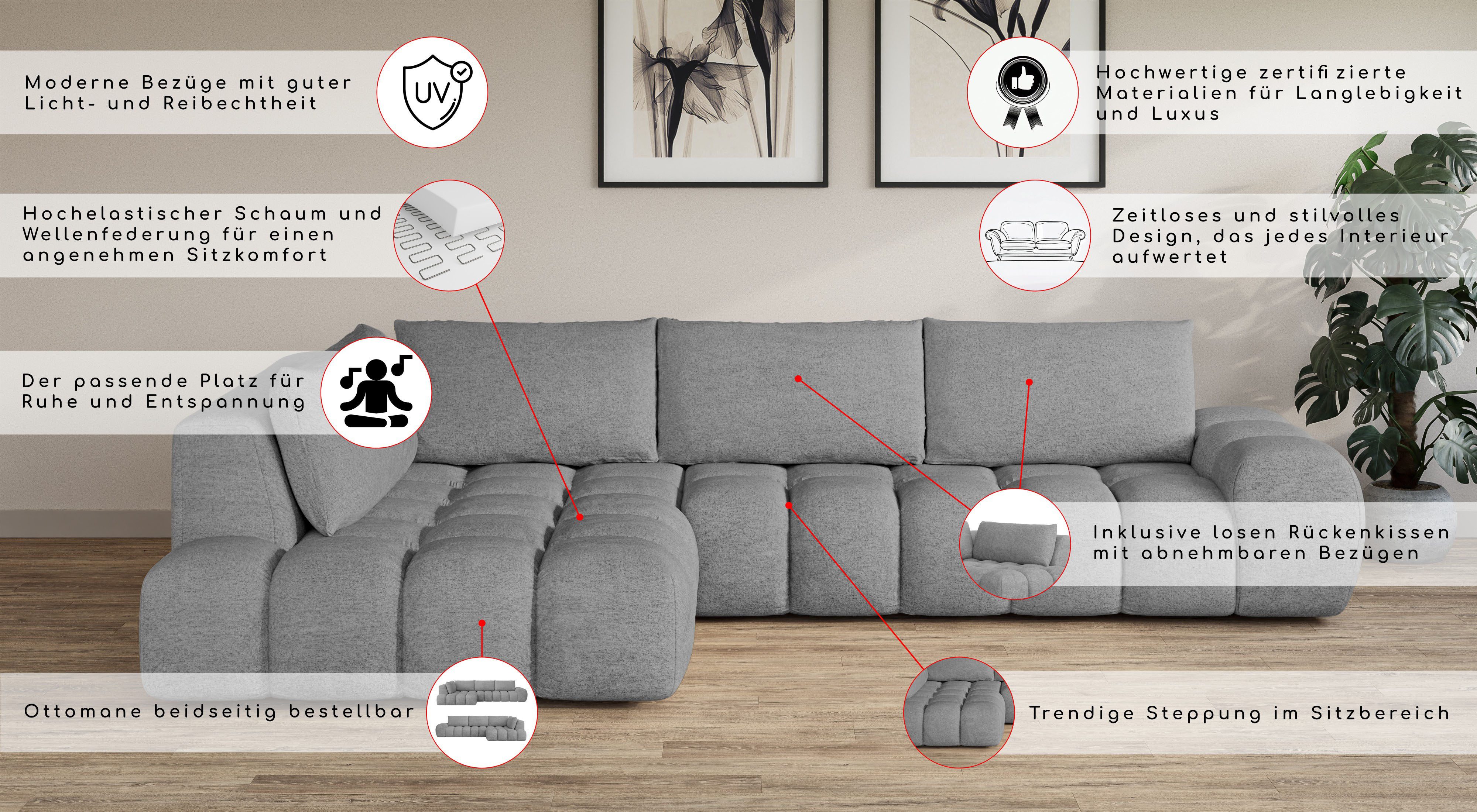 OTTO home Ecksofa AZITA L-Form, XXL 352 cm Designsofa in Bubble-Opitk, lose Rückenkissen, traumhafte Steppung