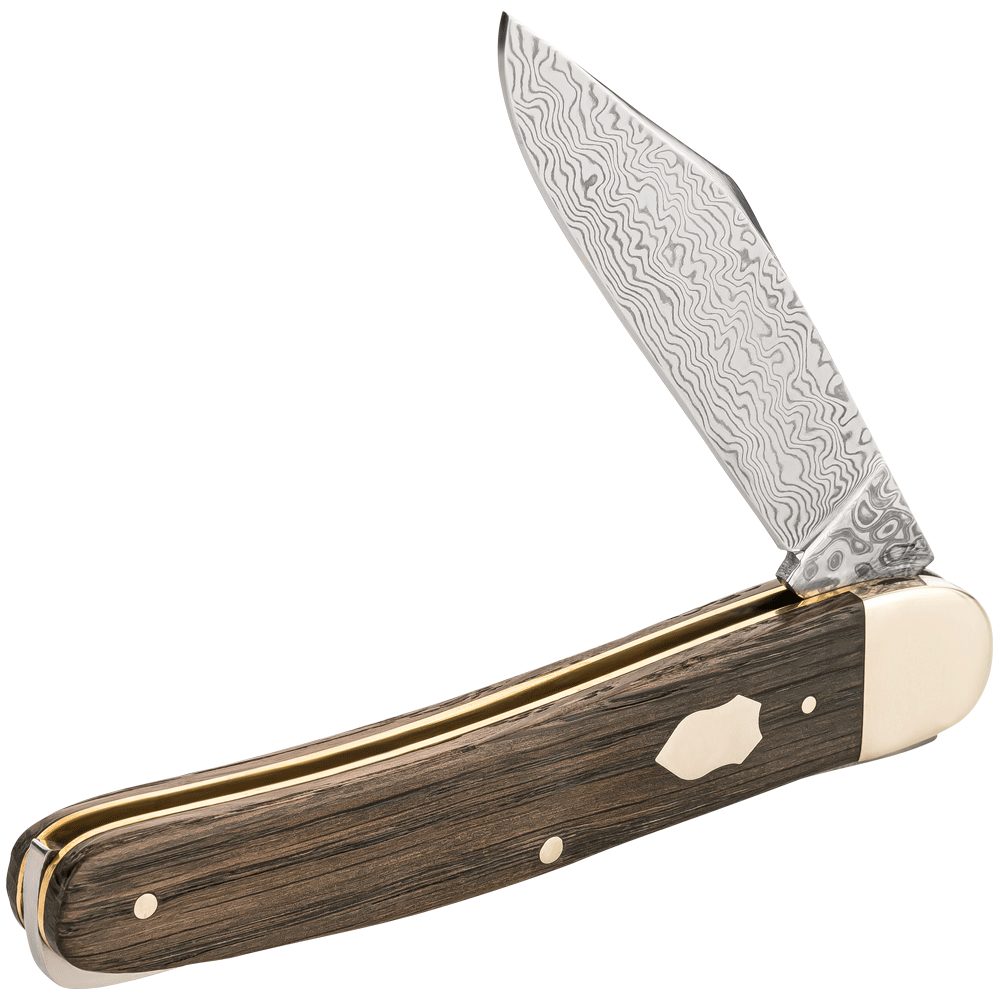 Holz-Leute Taschenmesser Damast Mooreiche, gerader Backlock, Jagdmesser, Klappmesser, Solingen, 8 cm Klinge