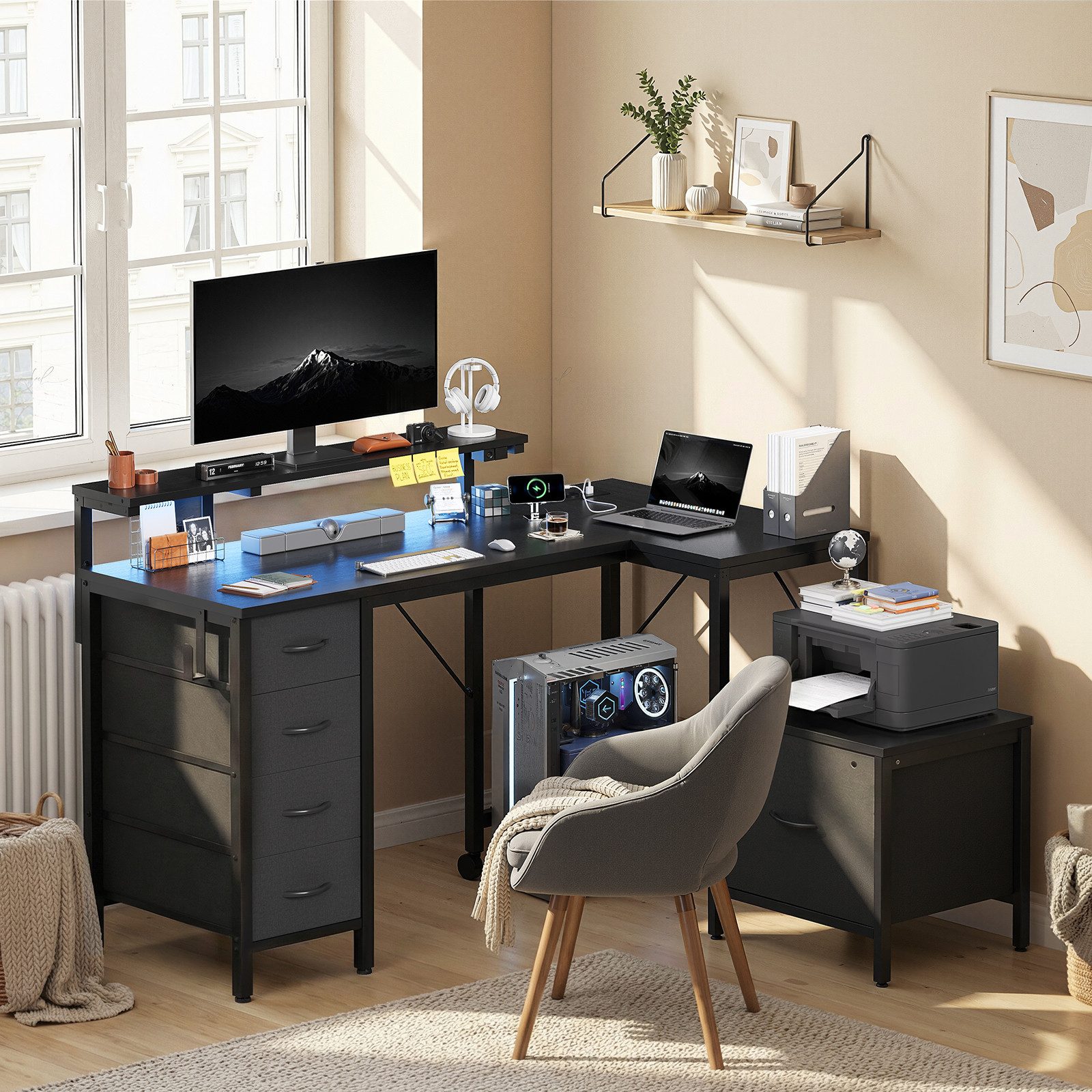 HOMALL Schreibtisch Gaming-Schreibtisch mit Stauraum, USB-Anschlüssen und LED-Beleuchtung (Monitorarm höhenverstellbar von 12 bis 27 cm, mit 5 mit Stoff ausgekleideten Schubladen, Montageoption links/rechts, Platz für Drucker)