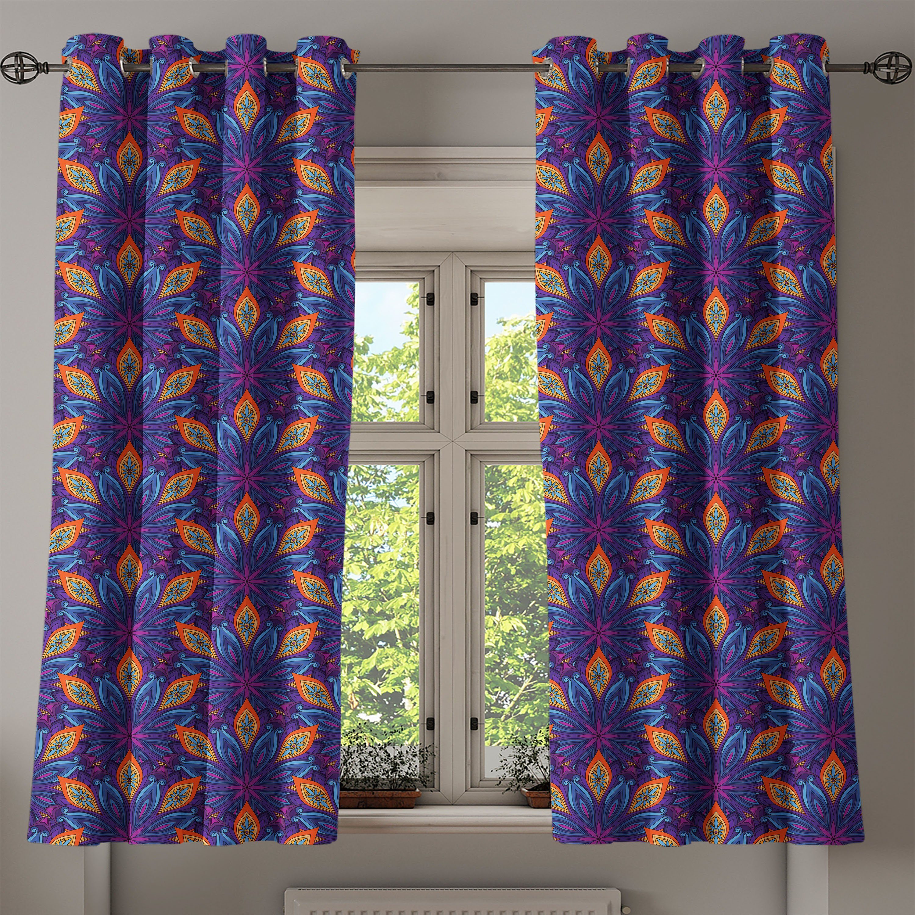 Gardine Dekorative 2-Panel-Fenstervorhänge für Schlafzimmer Wohnzimmer, Abakuhaus, Leuchtende Mandala Blumen Verziert