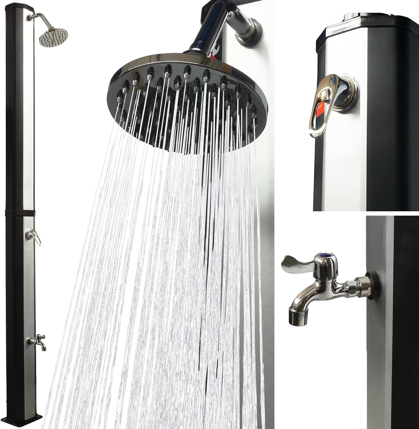 VIESTA Solardusche 35L mit Fußdusche–schwenkbarer Regenduschkopf–bis 60°C Schwarz/Silber (Solar Gartendusche/Außendusche/Pooldusche ohne Stromanschluss Camping), Gartenschlauch-Anschluss–Befüllung ca. 4–6 Min.–Aufheizzeit ca. 2 Std.