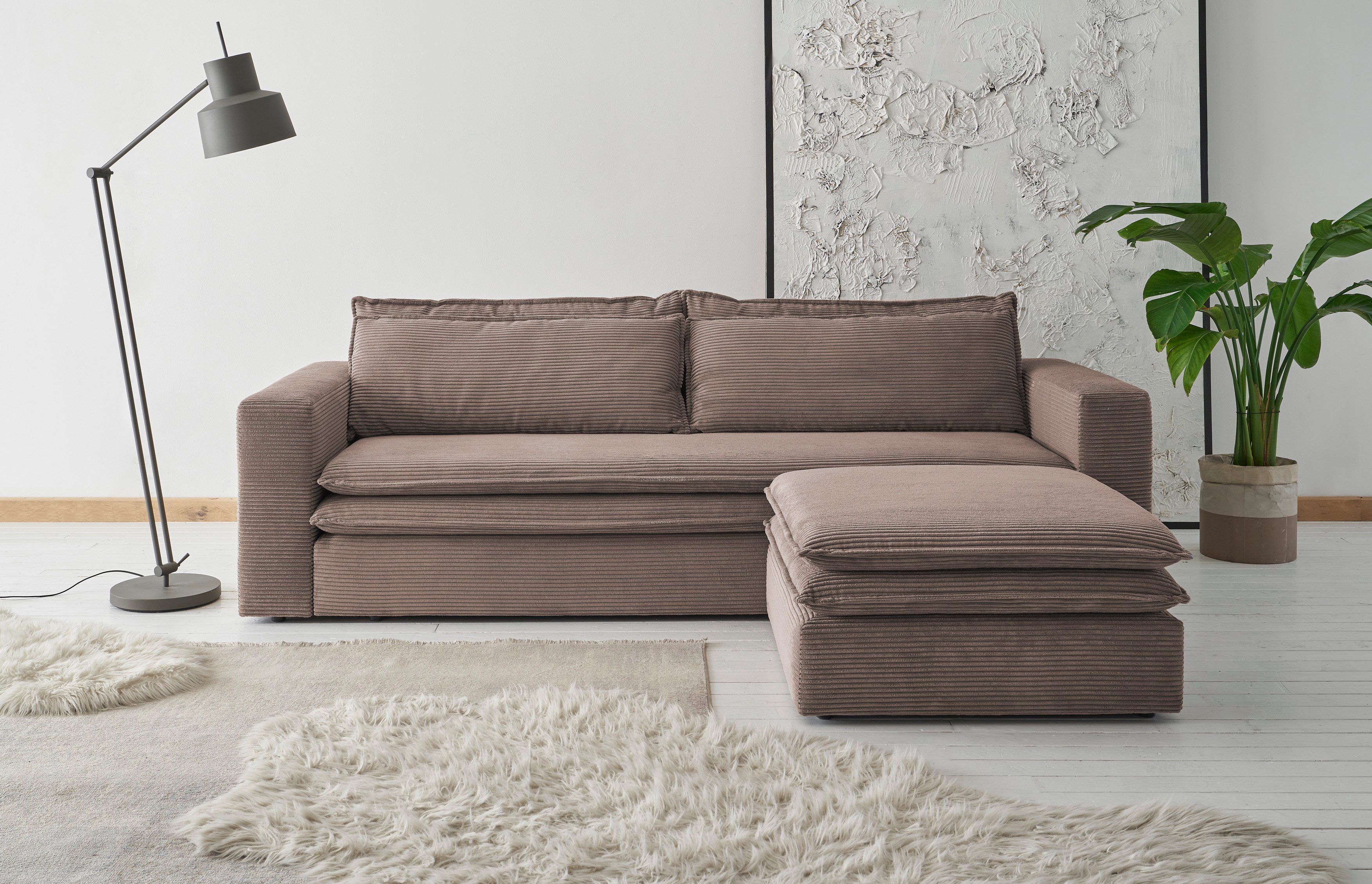 Set PIAGGE, of Bettfunktion 3-Sitzer-Sofa mit (2-tlg), im und Sitzgruppe Hellbraun Places Loveseat-Hocker Style