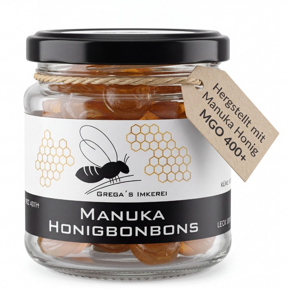 Grega´s Imkerei Honig Bonbon mit Manuka Honig MGO 400+, 1 x 120 g, (im Glas, Ideal für unterwegs, als wohltuender Begleiter), mit Laborgeprüften Manuka Honig per Hand in Deutschland hergestellt