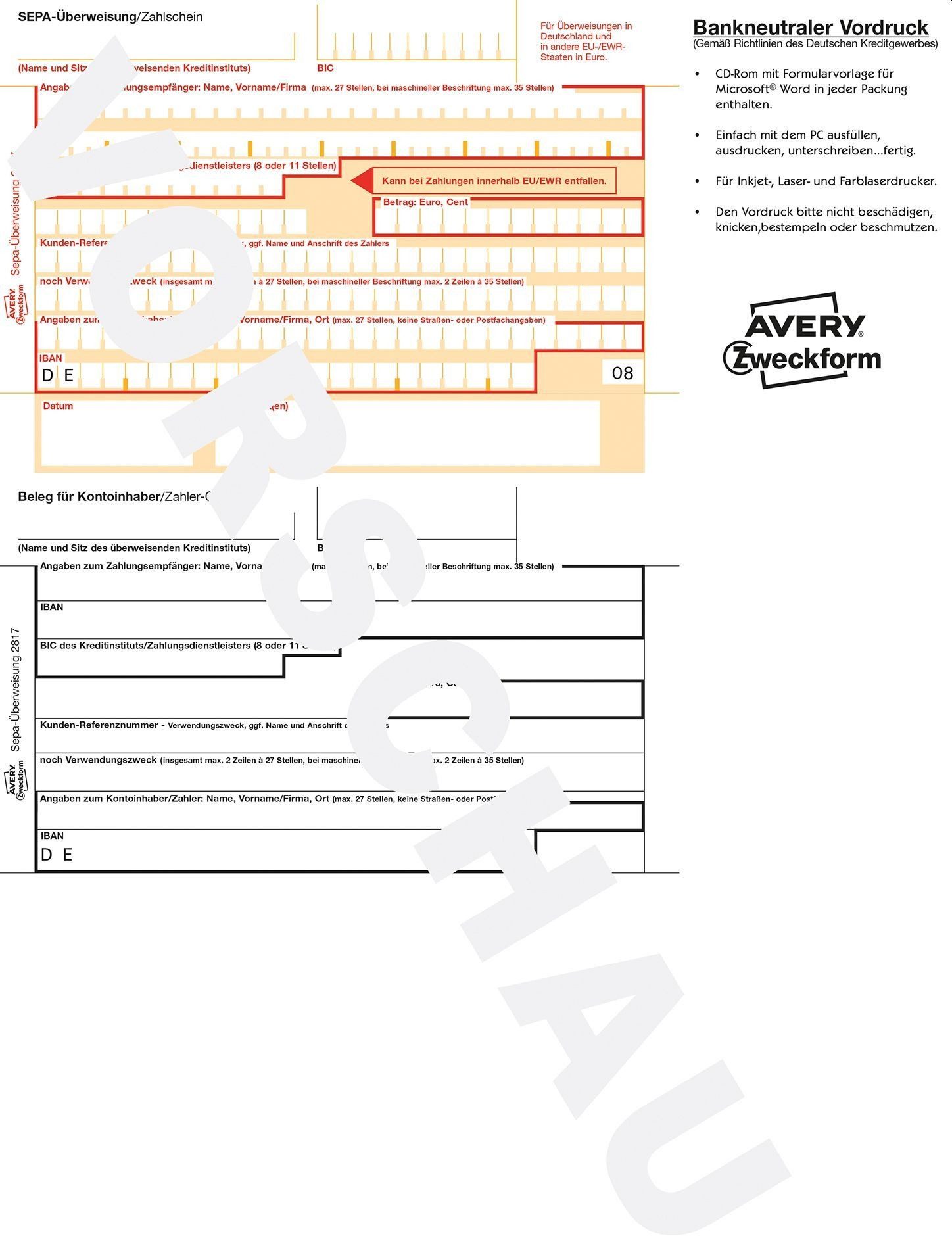 Avery Zweckform Formularblock EU-Standardüberweisung für MS Office A4 200 Blatt (5 Stück)