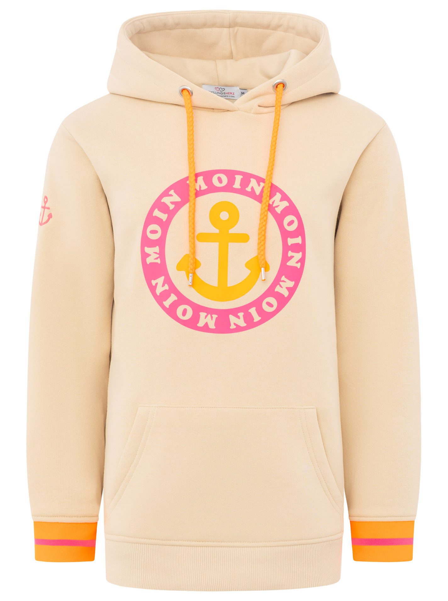 Zwillingsherz Hoodie Langarm, Kapuze, Neon-Details, Kordelzug, Frontprint, Kängurutasche