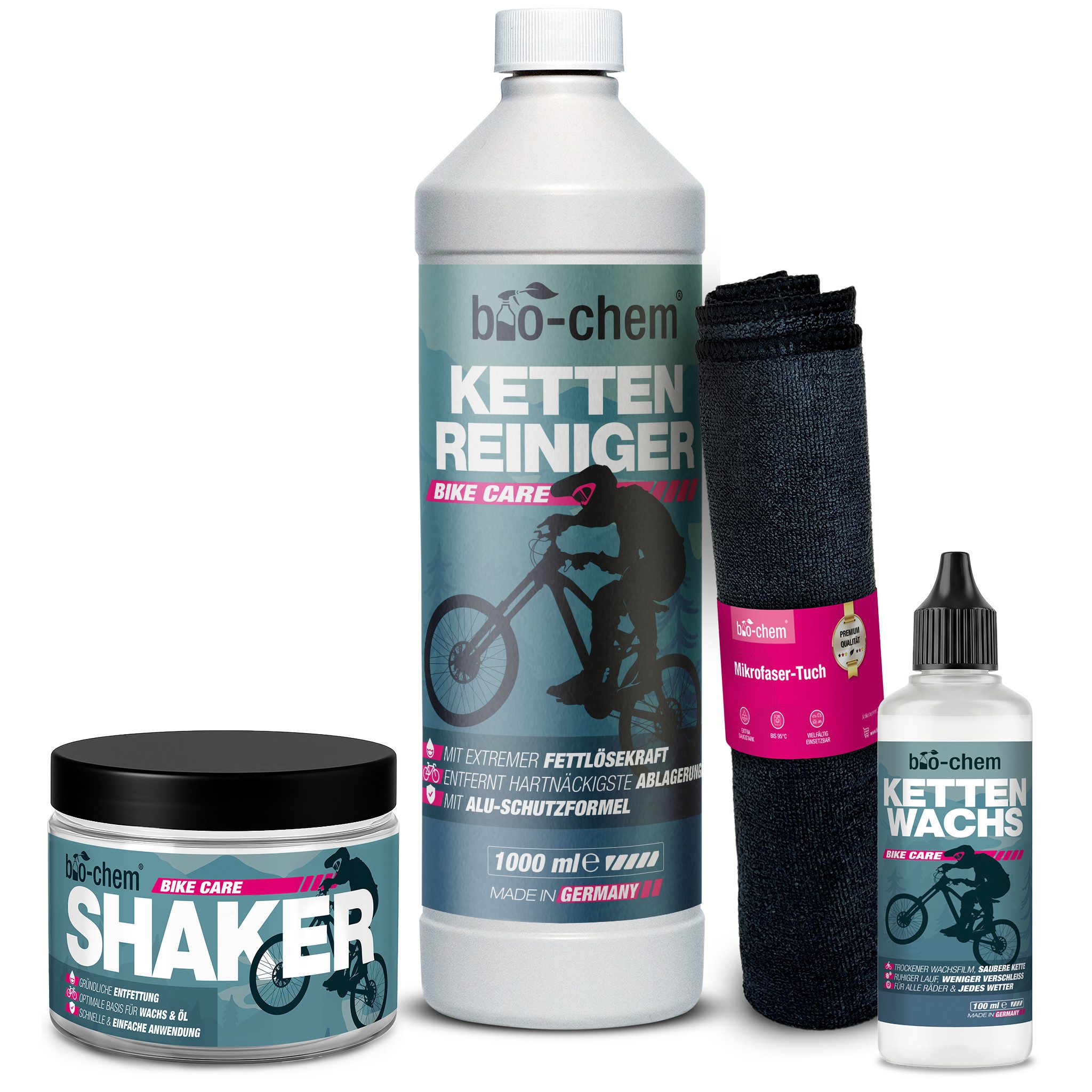 bio-chem Kettenöl Fahrrad Kettenwachs-Set – Reinigen & Wachsen in einem Set, (Set, Kettenreiniger 1 L, Kettenwachs 100 ML, Shaker, Tuch), Komplettset für Wachs-Umstieg, Entfettung, saubere Kettenpflege