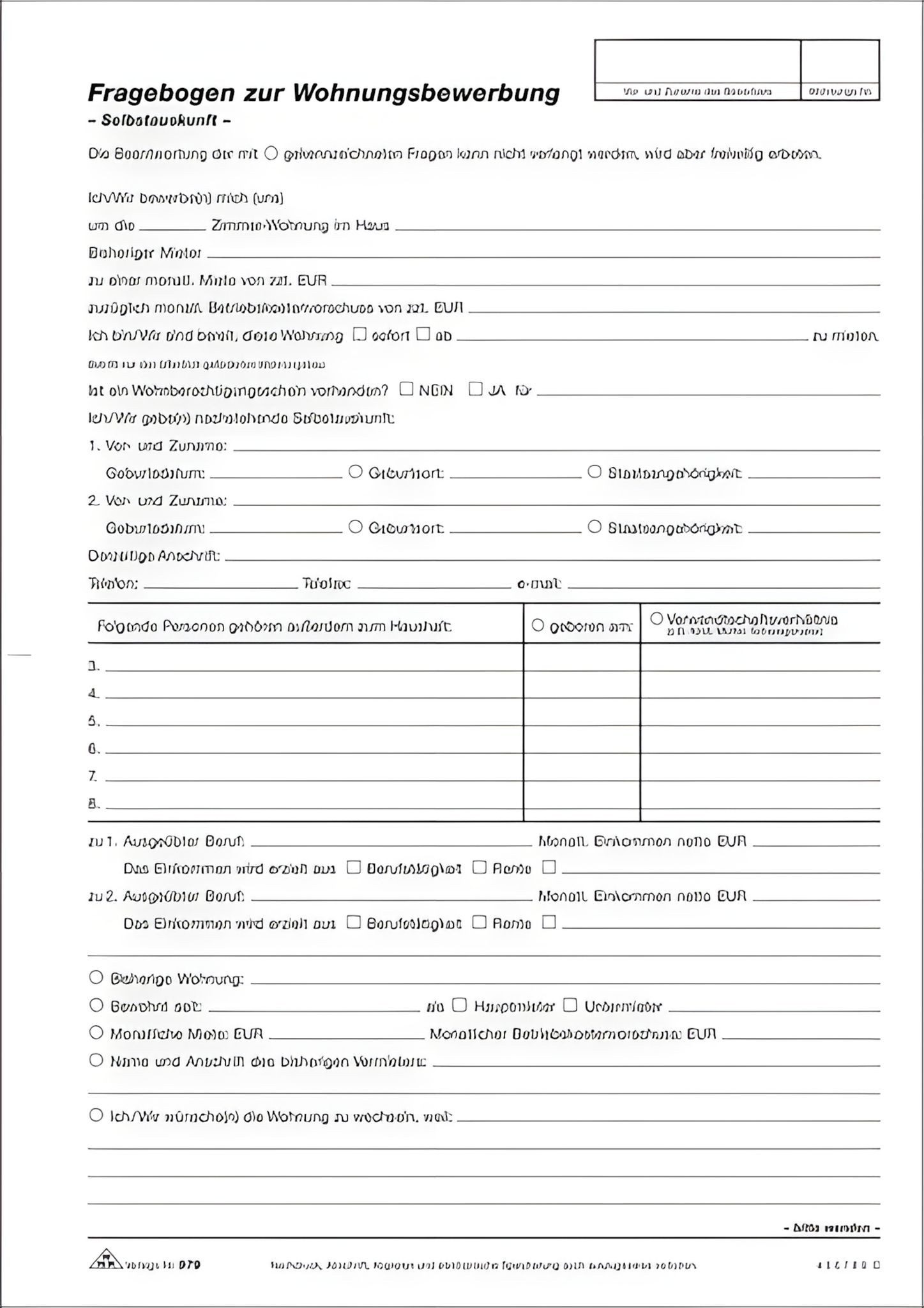 RNK Formularblock RNK Fragebogen zur Wohnungsbewerbung, 2 Seiten, A4