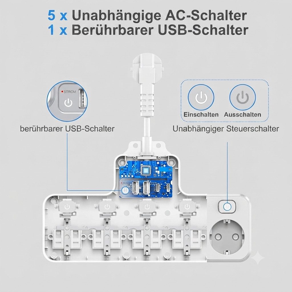 Heqishun 9in1 Steckdosenleiste mit 5 Schuko Steckdosen USB-A USB-C 4000W Mehrfachsteckdose 5-fach (4 USB-Anschlüsse (2x USB-A, 2x USB-C), USB-Touch-Schalter, Einzelschalter für Steckdosen, Kindersicherung, LED-Anzeige, 5 Schuko-Steckdosen, Wandbefestigung möglich, Kurzschlussschutz, Überlastschutz, Kindersicherung, Überspannungsschutz, Kabellänge 0,1 m), 5 Steckdosen, 4 USB, USB-C, Einzelschalter, Überspannungsschutz