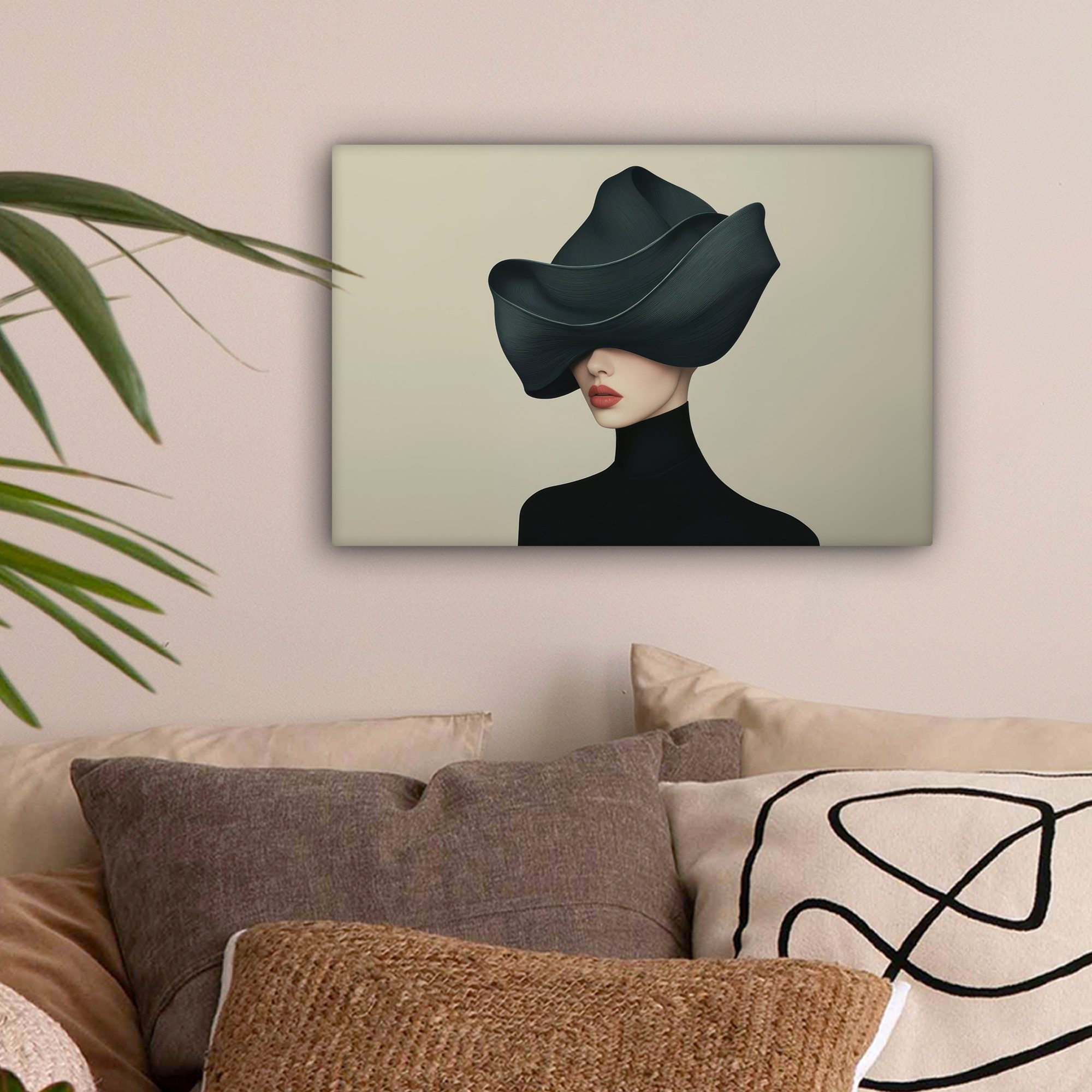 OneMillionCanvasses® Leinwandbild Frau - Grün - Hut, Fotodruck (1 St), Leinwand Bilder Klein, Wand Dekoration Aesthetic 30x20 cm