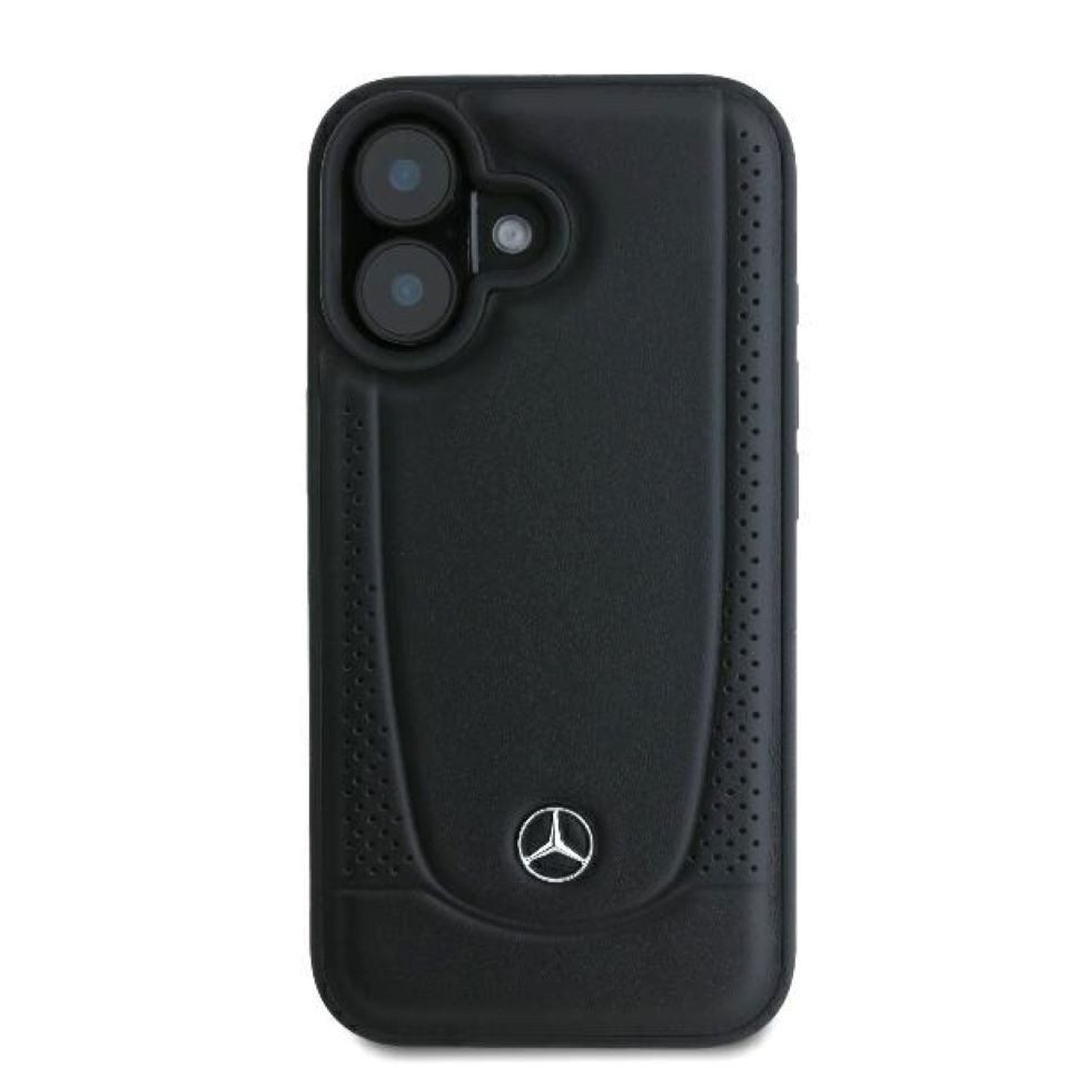 Mercedes Benz Handyhülle iPhone 16 Echtleder schwarz Stern Metall 6,1 Zoll, Kantenschutz