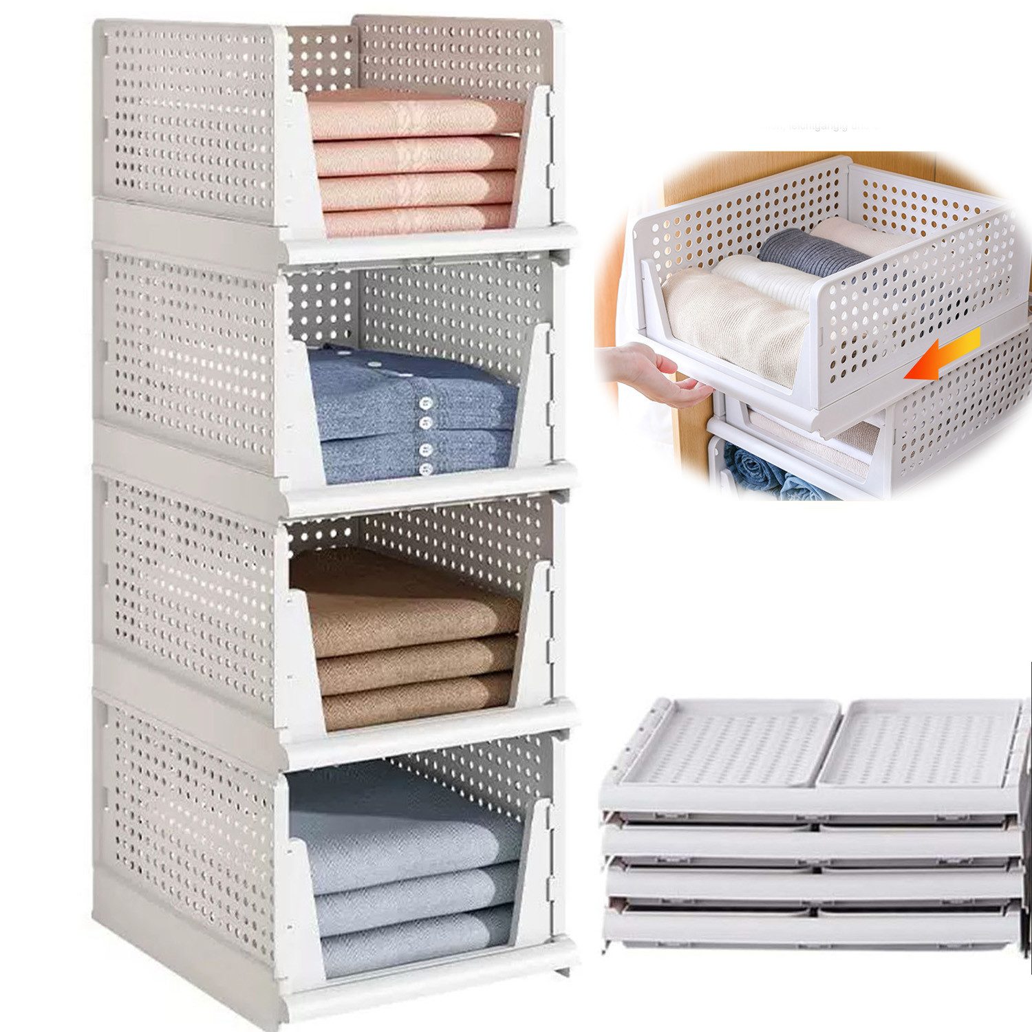 SURFOU Schubladenbox 4er Set Stapelbare Kleiderschrank Organizer, (Faltbaren Regal Aufbewahrungsbox Trennwand Stapelschubladen), Plastik Lagerkisten für Zuhause Schlafzimmer Küche 33.5*43*14.2cm