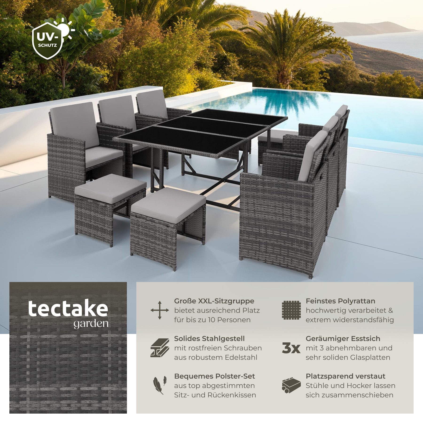 tectake Sitzgruppe Rattan-Gartenlounge für 6 bis 10 Personen, Inkl. Schutzhülle, (Loungeset Malaga, 12-tlg., für Außen in Grau), widerstandsfähig, UV-beständig, mit Sicherheitsglasplatten