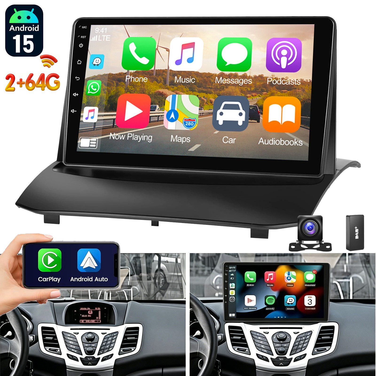 ESSGOO DAB+ Android 15 Autoradio GPS Navi WIFI Für Ford Fiesta MK6 2009-2017 Autoradio (4+64GB(optional), FM, AM, DAB+ (optional), Apple Carplay & Android Auto,Bluetooth EQ USB Touchscreen SWC)