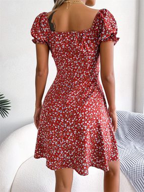 AFAZ New Trading UG Sommerkleid Damen Kleid Lässig Sommerkleid Blumendruck Hohe Taille Kleider (Damenmode-Kleid mit Glockenärmeln, Kordelzug und Blumenmuster) Puff Ärmel Retro Sexy Casual Tunika Beach Minikleid