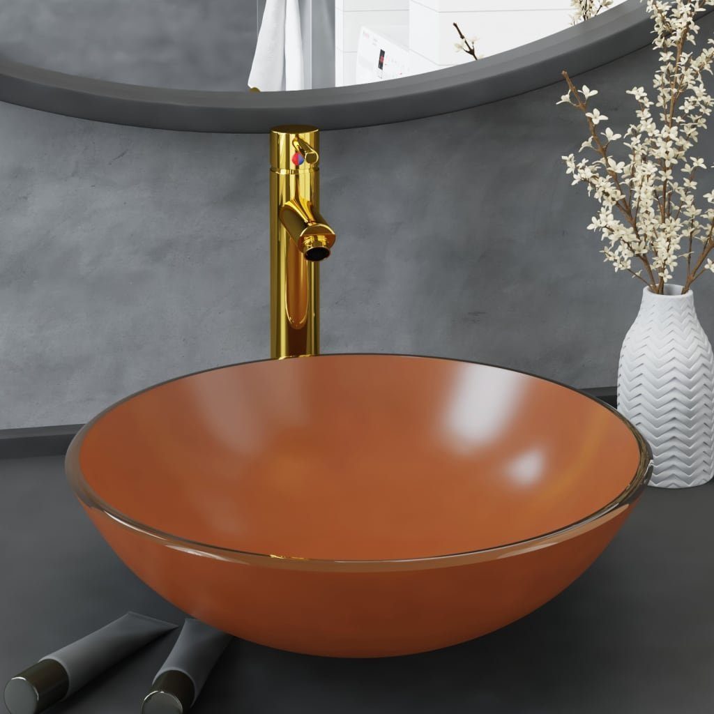 vidaXL Waschbecken Badezimmer Waschbecken mit Wasserhahn und Ablaufgarnitur Braun