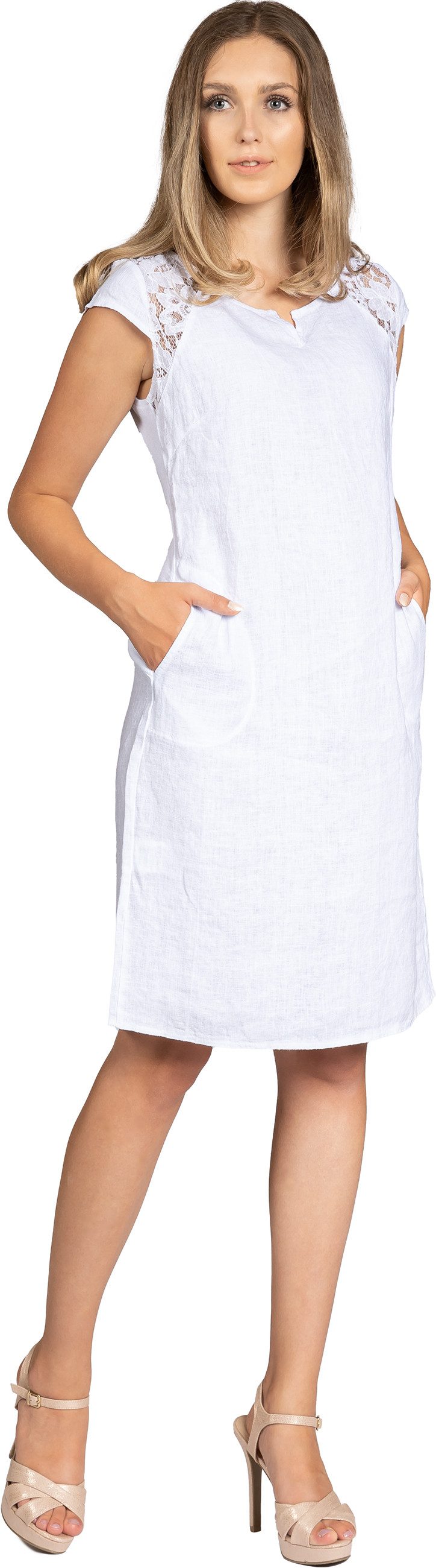 Caspar Sommerkleid SKL042 Damen Sommer Leinenkleid mit dezentem Spitzeneinsatz Luftig leicht, figurumspielende Form, mit seitlichem Jersey-Einsatz