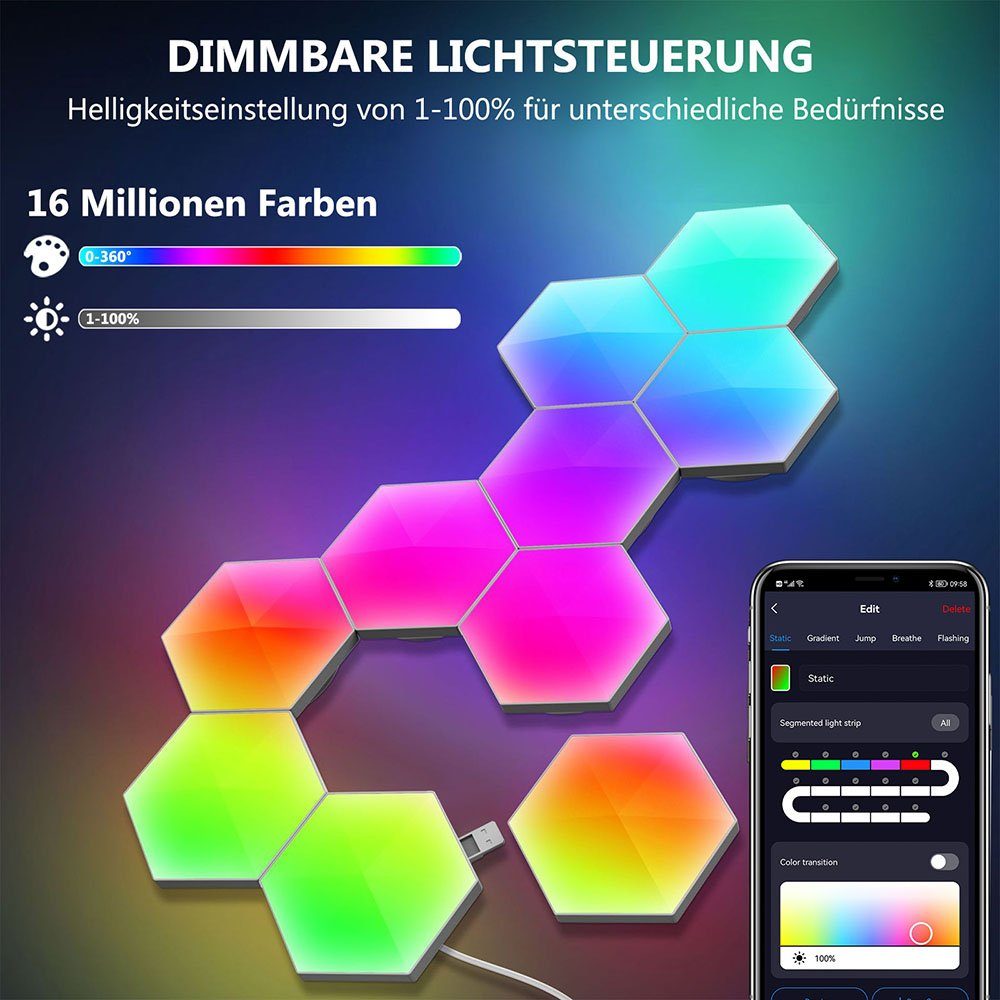 Rosnek LED Nachtlicht Smart, Sechseck, RGB, Musiksyn, für Schlafzimmer Spielzimmer Deko, RGB, App/Fernbedienung