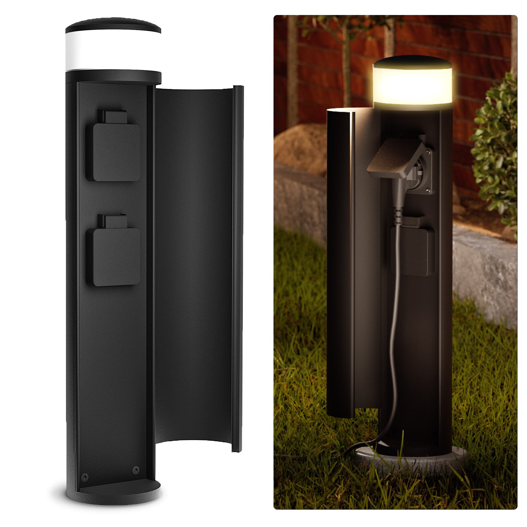 SSC-LUXon LED Gartenstrahler PALISO Lichtsäule mit 2 Steckdosen und G9 LED 3W warmweiß, Warmweiß