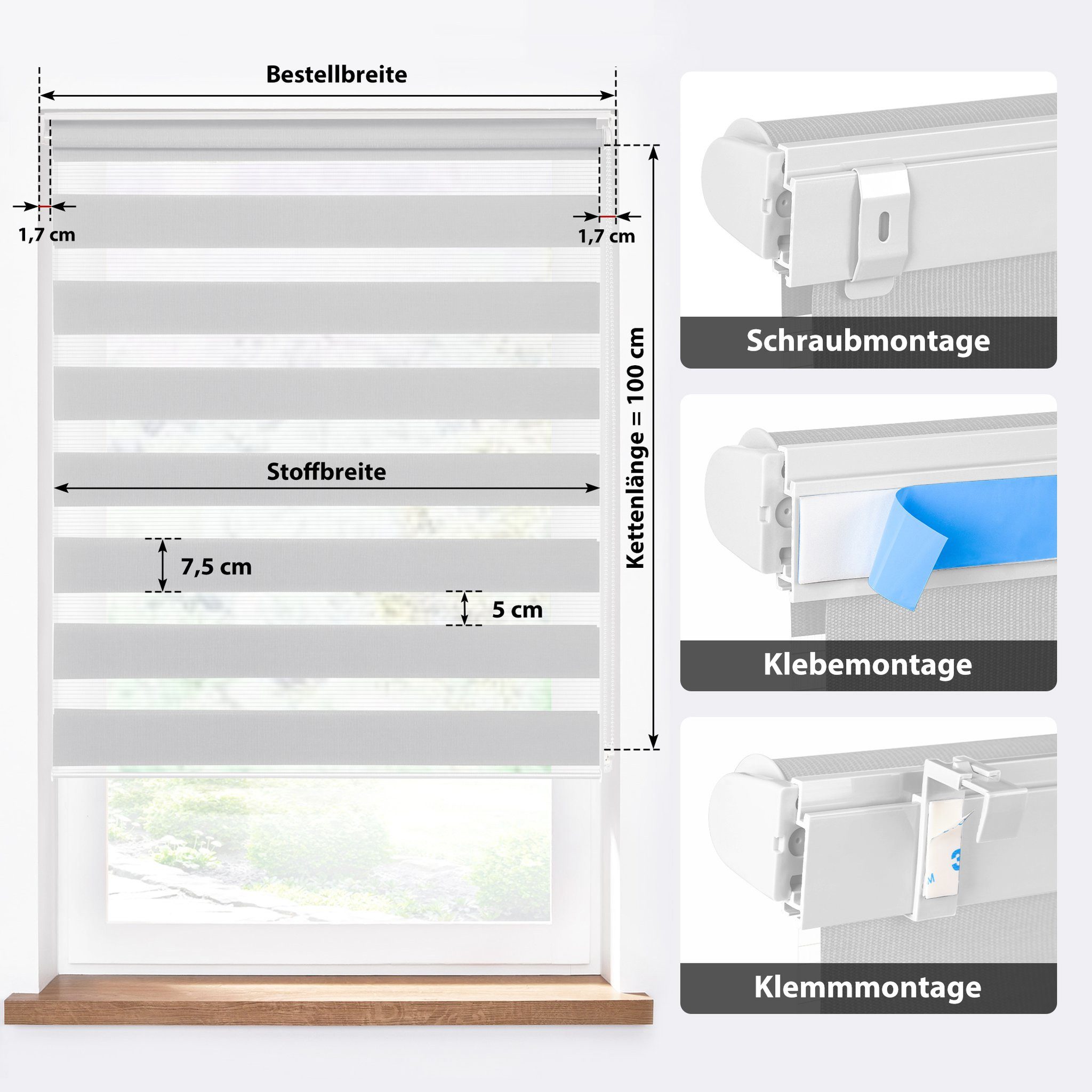 Doppelrollo 30 x 130 cm, hellgrau [Stoffbreite 26,6 cm], jalousiescout, blickdicht, mit Bohren/ohne Bohren, freihängend, Klemmen, Kleben und Schrauben OHNE Aufpreis, Lichtdurchlässig, Klemmträger, Feuchtraumgeeignet