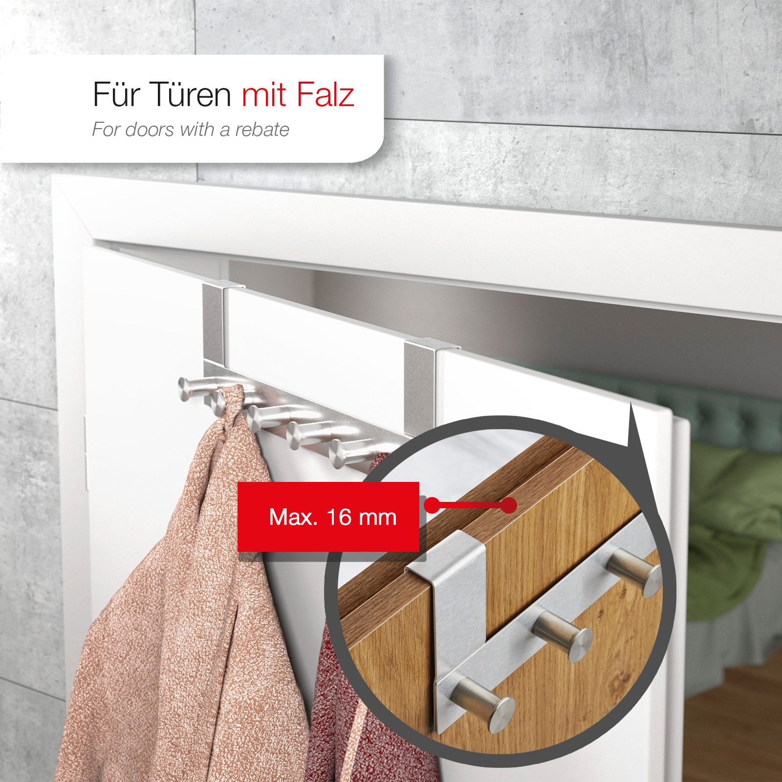 SO-TECH® Türgarderobe Garderobenleiste LINEA 380 x 110 mm, mit 6 Haken Türhaken, (Spar-Set, 2-St), Edelstahl matt gebürstet, für 40 mm Türen ohne Falz – Bild 2 von 5