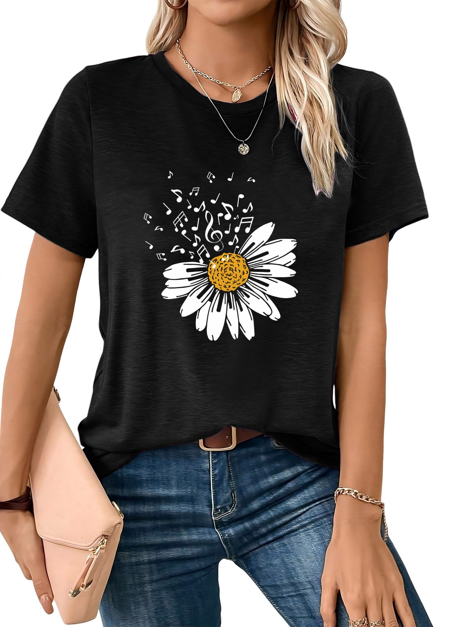 PYLIKE Print-Shirt Bequemes Shirt Damen Kurzarm Basic-Shirt mit Gänseblümchen Print Bequem für Freizeit und Büro,Strandurlaub