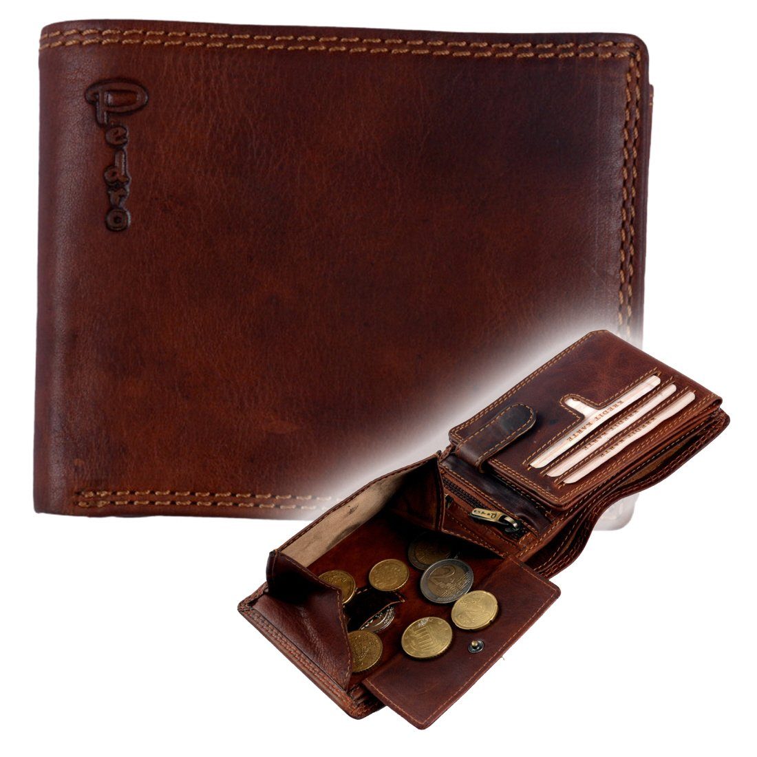 Schutz Leder Lederbörse Brieftasche Portemonnaie, Börse mit SHG Geldbörse Männerbörse Münzfach RFID Büffelleder Herren