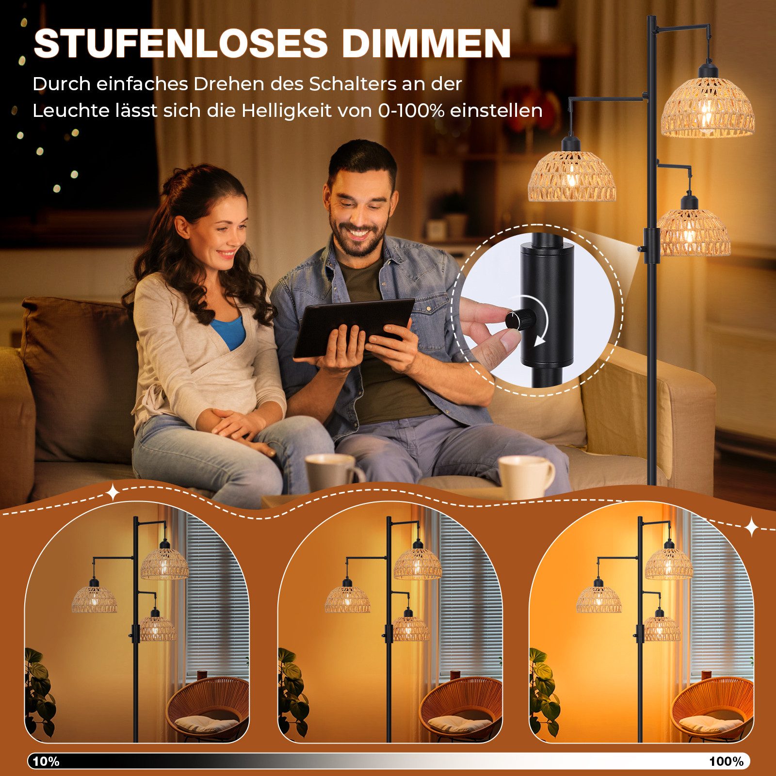 Sunicol LED Stehlampe Stufenlos Dimmbar Stehlampe Wohnzimmer, Rattan Boho S günstig online kaufen
