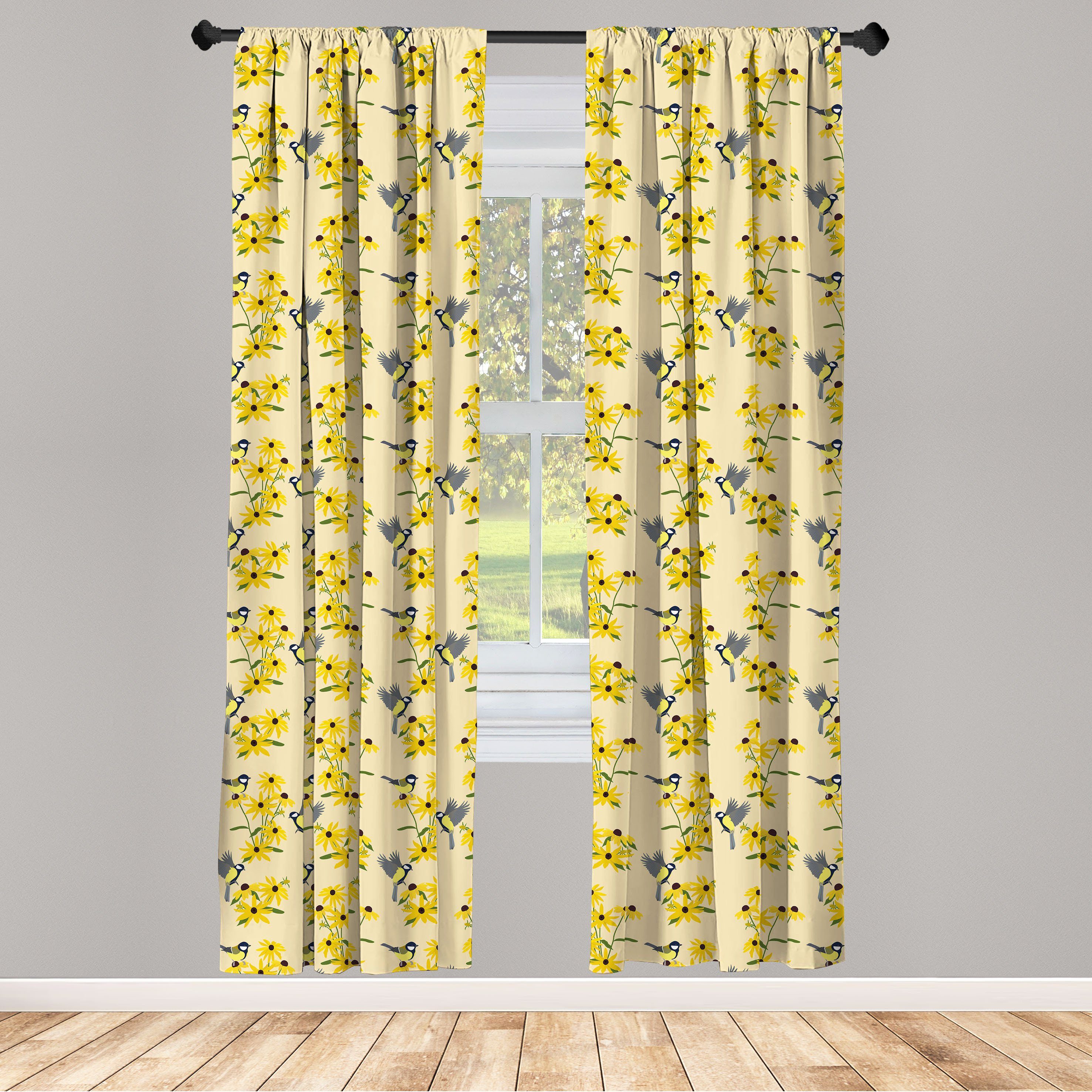 Gardine Vorhang für Wohnzimmer Schlafzimmer Dekor, Abakuhaus, Microfaser, Gelber Vogel Avian und Rudbeckia