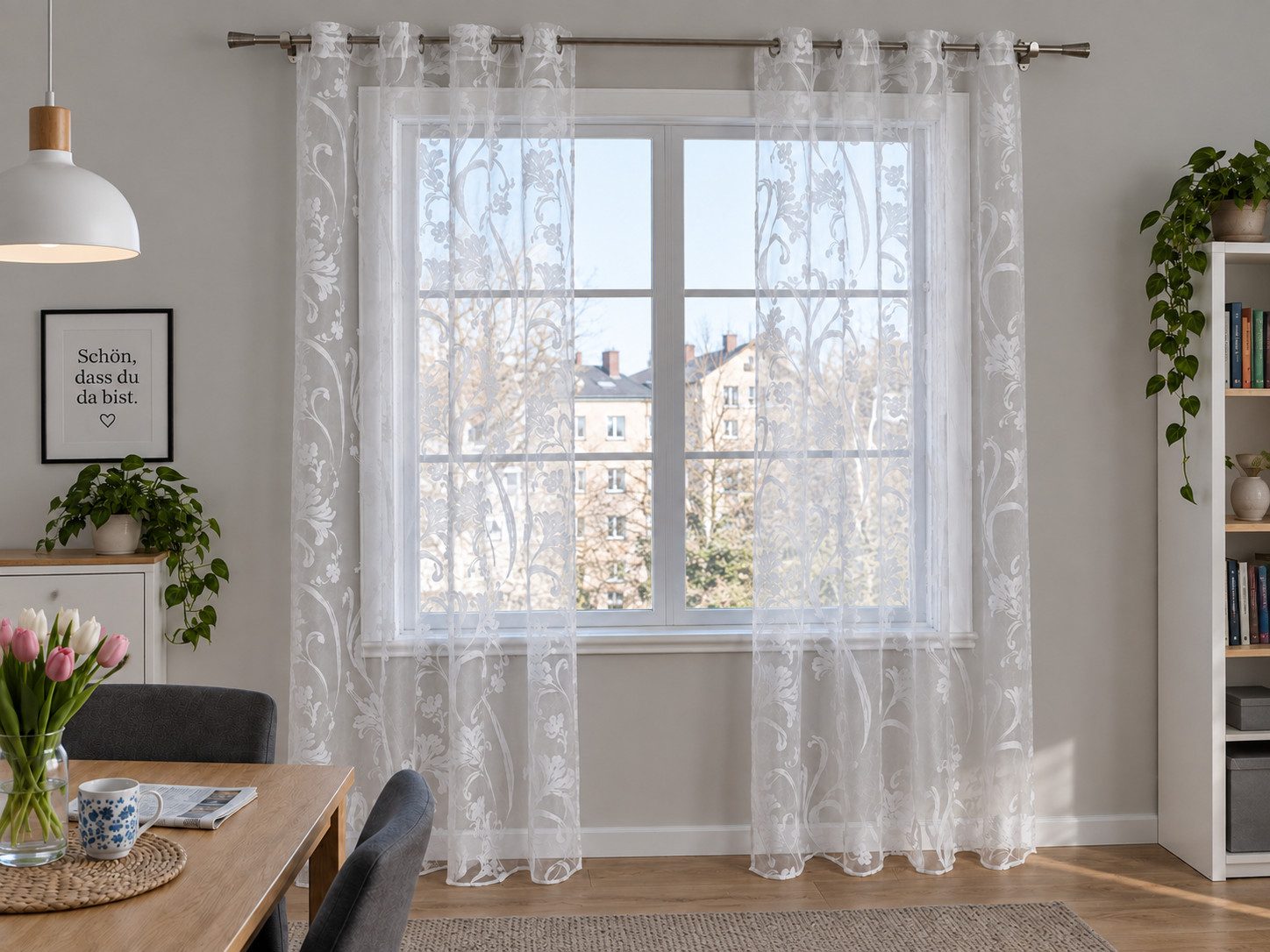 Joyswahl Vorhang Lika Gardinenschal mit Rankenmuster im Landhausstil (1 St), Ösen, transparent, Voile-Ausbrenner, Blumenranken, lichtdurchlässig für Wohnzimmer Schlafzimmer