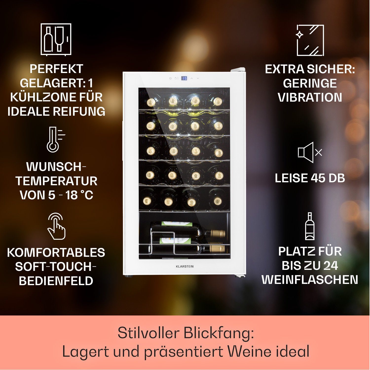 Klarstein Weinkühlschrank Shiraz 24 Uno, für 24 Standardflaschen á 0,75l,Wein Flaschenkühlschrank Weintemperierschrank Weinschrank Kühlschrank