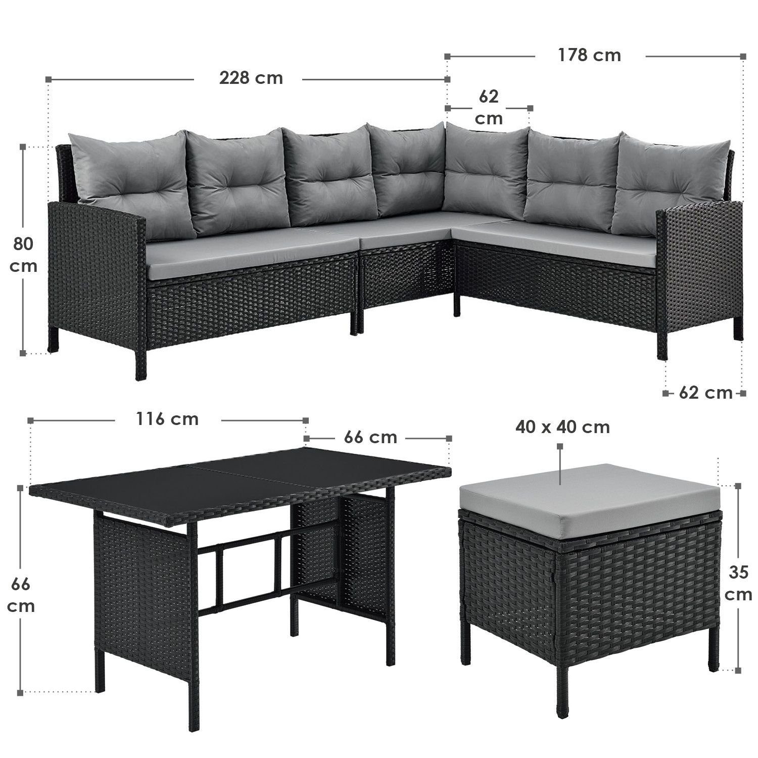 Garten-Sofa, Gartenlounge-Set und (Gartenlounge), Juskys 2 Manacor, Polyrattan Hocker Gartenmöbel-Set Garten-Tisch mit