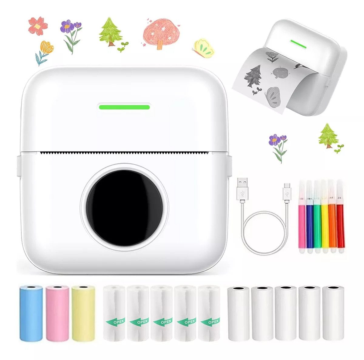 MOPUEA Mini Thermodrucker tragbar, Fotodrucker ideal für DIY und unterwegs Etikettendrucker, (Bluetooth, ohne Tinte für iOS/Android, inkl. 13 Rollen Papier und USB-Kabel)